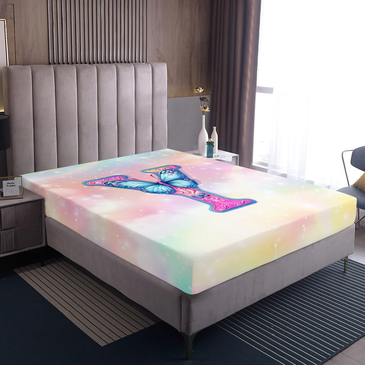 Erosebridal Butterfly Fitted Sheet Twin for Kids Girls Galaxy Stars Gradient Glitter Bed Sheets, Rainbow Initial Letter Y Bedding Set for Teens Women Bedroom Kawaii Princess Pastel Sheets