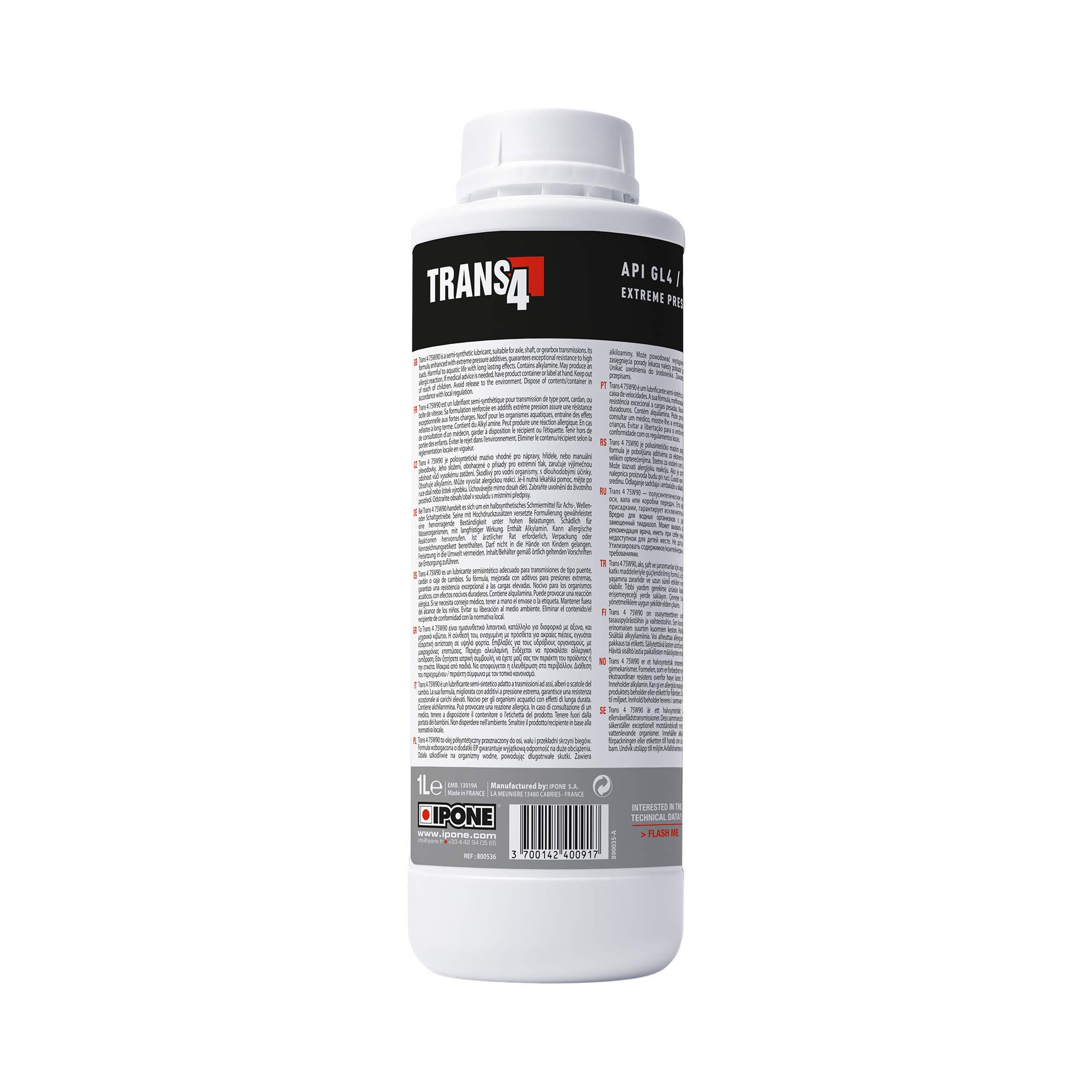 IPONE – Huile de Boîte de Pont Moto – Trans 4 75W90 – 100% Synthétique -Très Haute Performance – Formulation renforcée en additifs - Résistance aux fortes charges - Bidon 1 Litre