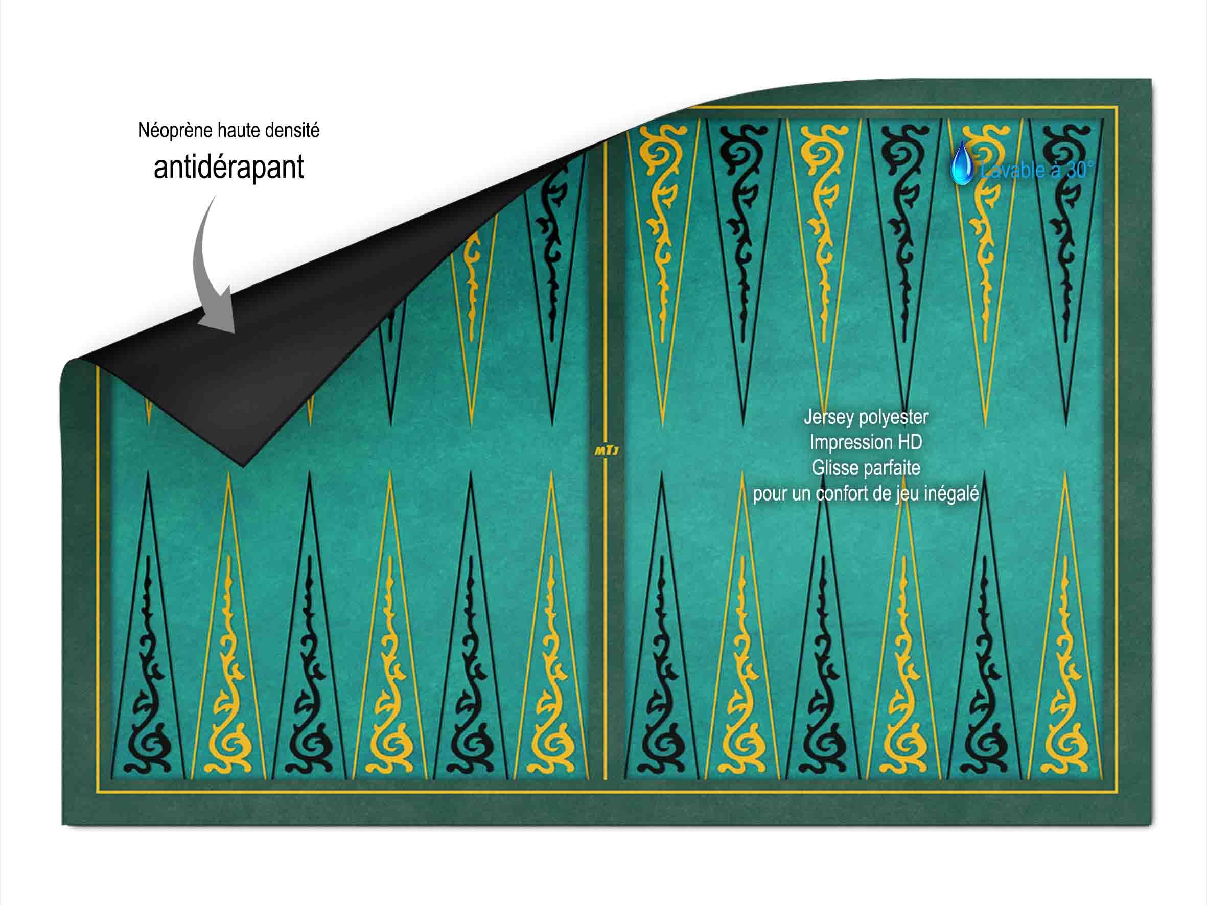 MTJ® Tapis Plateau de Backgammon Arabesques 65 x 48cm - Jersey néoprène - Fabriqué en France (Vert)