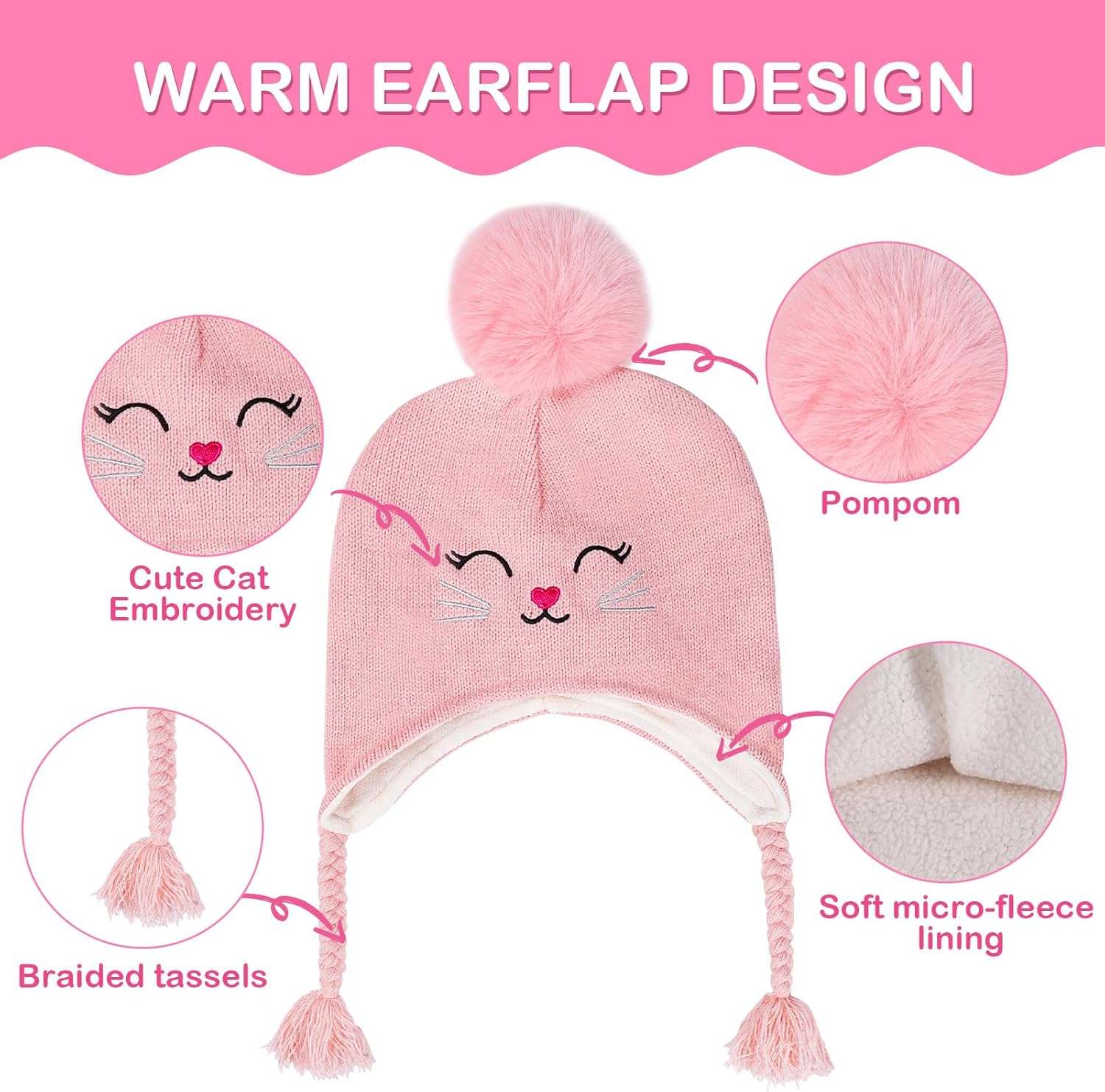 Toddler Girls Earflap Winter Hat and Gloves Set Kids Cat Beanie Fleece Lining Pom Pom Skiing Knit Caps Gift for Ages 3-7 - Image 3