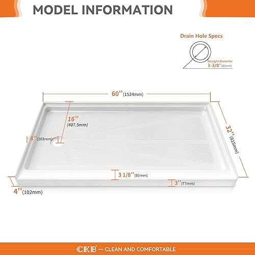 Miniatura 2 de CKB Base de ducha de drenaje izquierdo de 60 pulgadas de largo x 32 pulgadas de ancho, bandeja de ducha de un solo umbral con superficie texturizada
