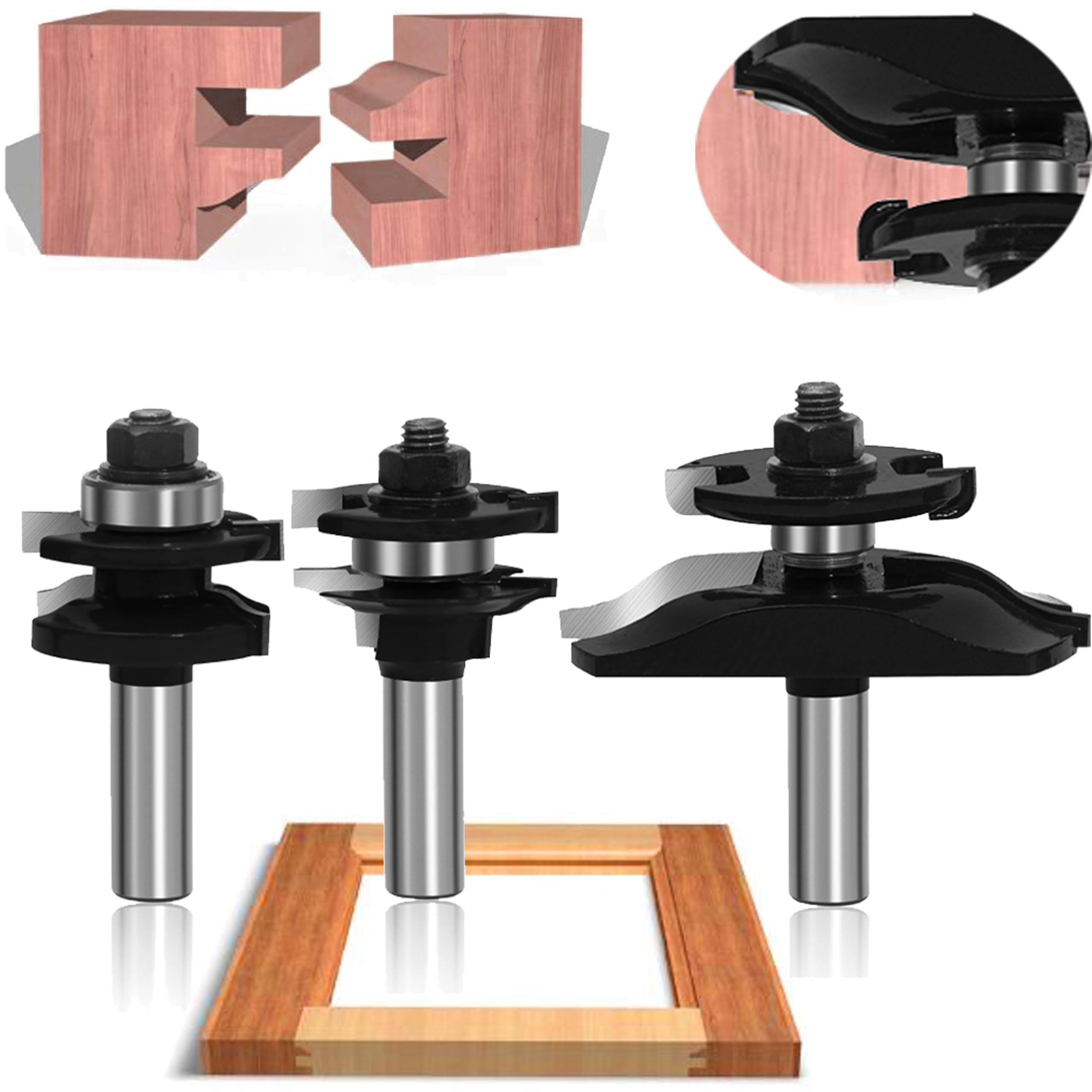 MAYLINE Router Bit Set 1/2 Inch Shank 3 PCS, Woodwork Milling Tongue Groove Rail Stile Cabinet Router Bits Sets Cutter, Wood Miter Cutting Tool for Door Table Shelves (AH2-F)
