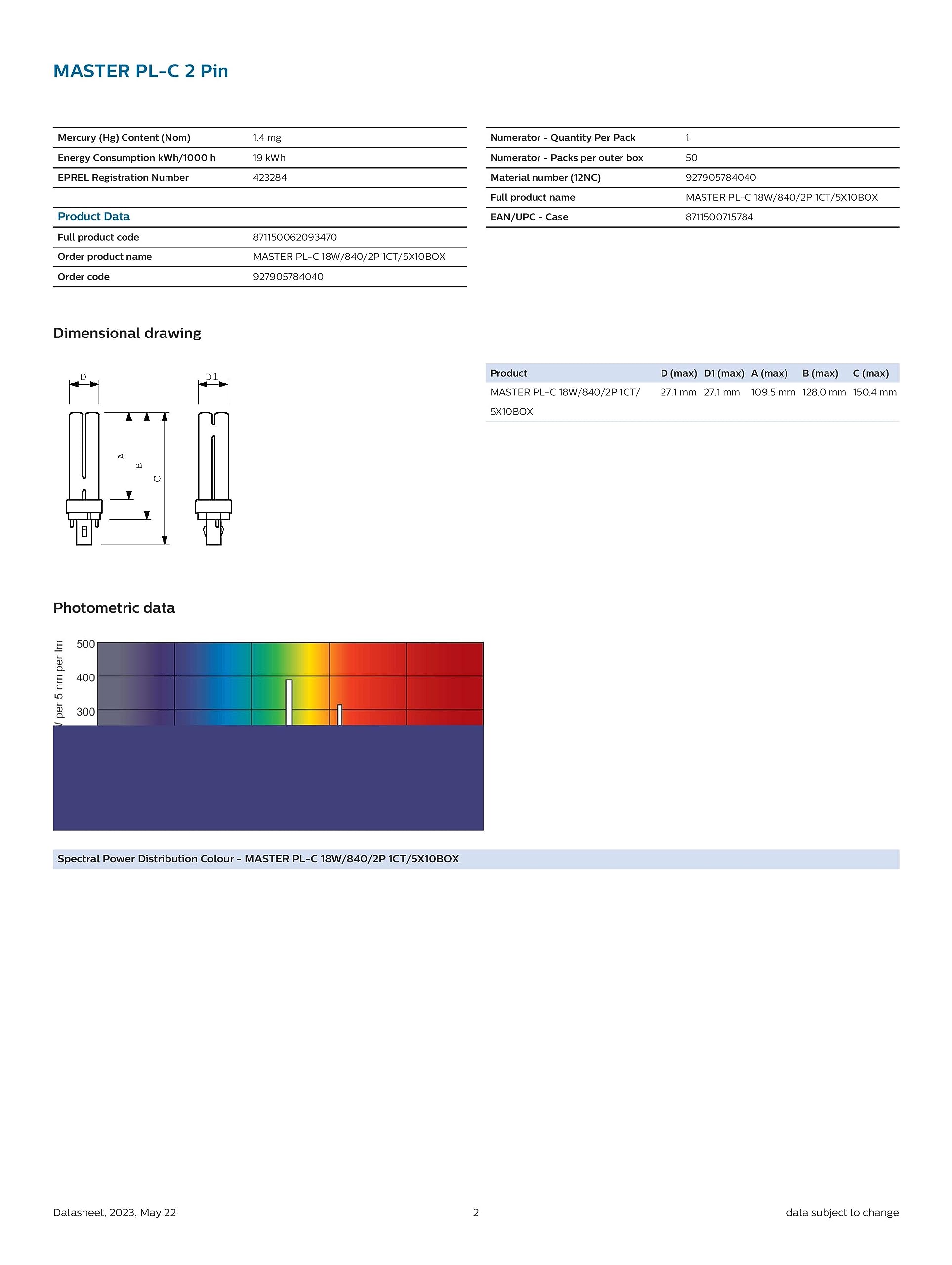 Philips Master PL-C 18 W/840 G24d-2 2 pin (2 pin), bianco freddo 4000 K, 150 mm
