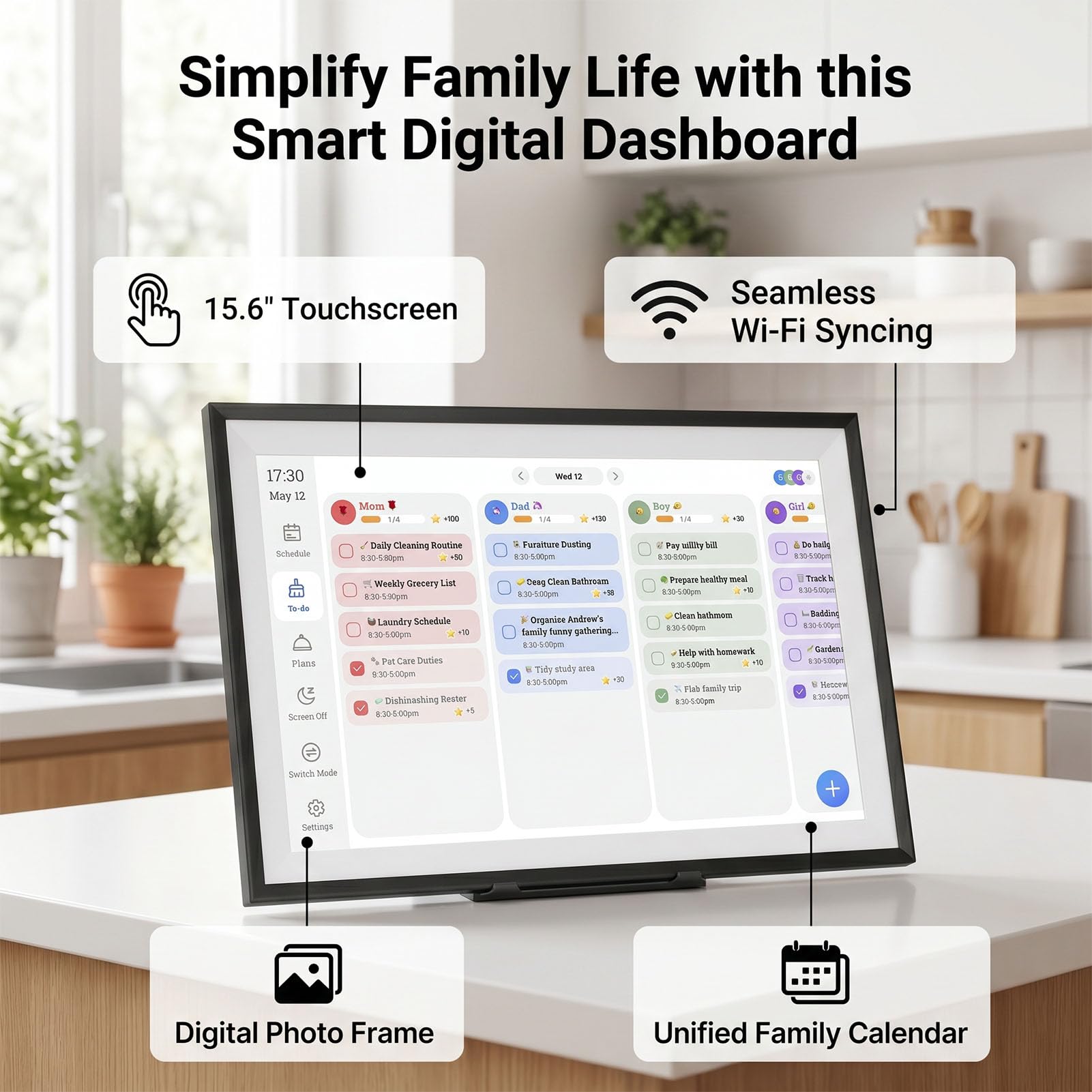 Digitaler Kalender 15,6 Zoll, Intelligente Aufgabentabelle mit Touchscreen, WLAN-Familienplaner, Synchronisierung von Kalender für Zuhause, Büro (EU-Stecker)