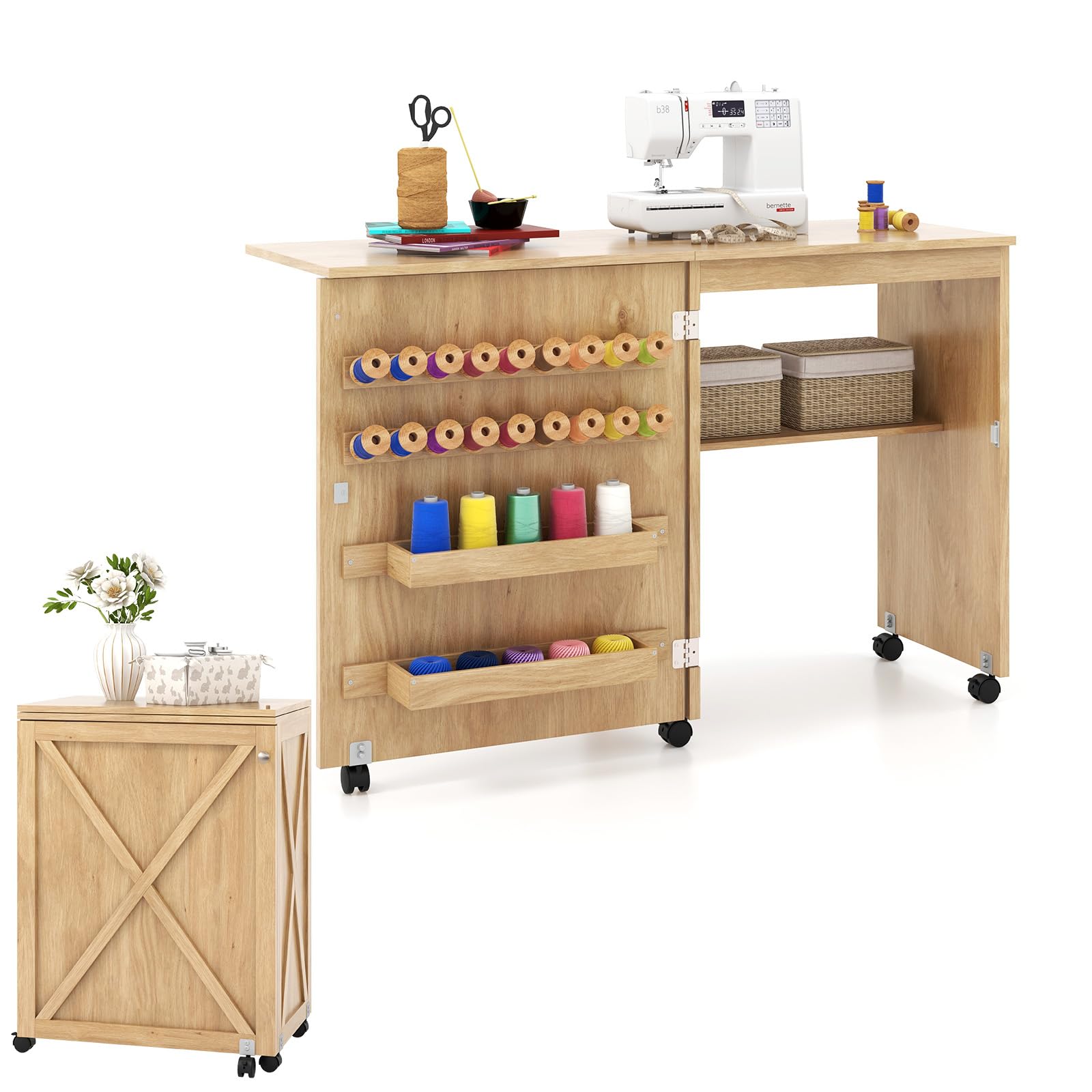 LIFEZEAL Table de Couture Pliable, Meuble Machine à Coudre Bois, Étagère, roulettes, 18 Crochets, 2 Plateaux, 116x40x76cm, Armoire Peu Encombrante, Naturel