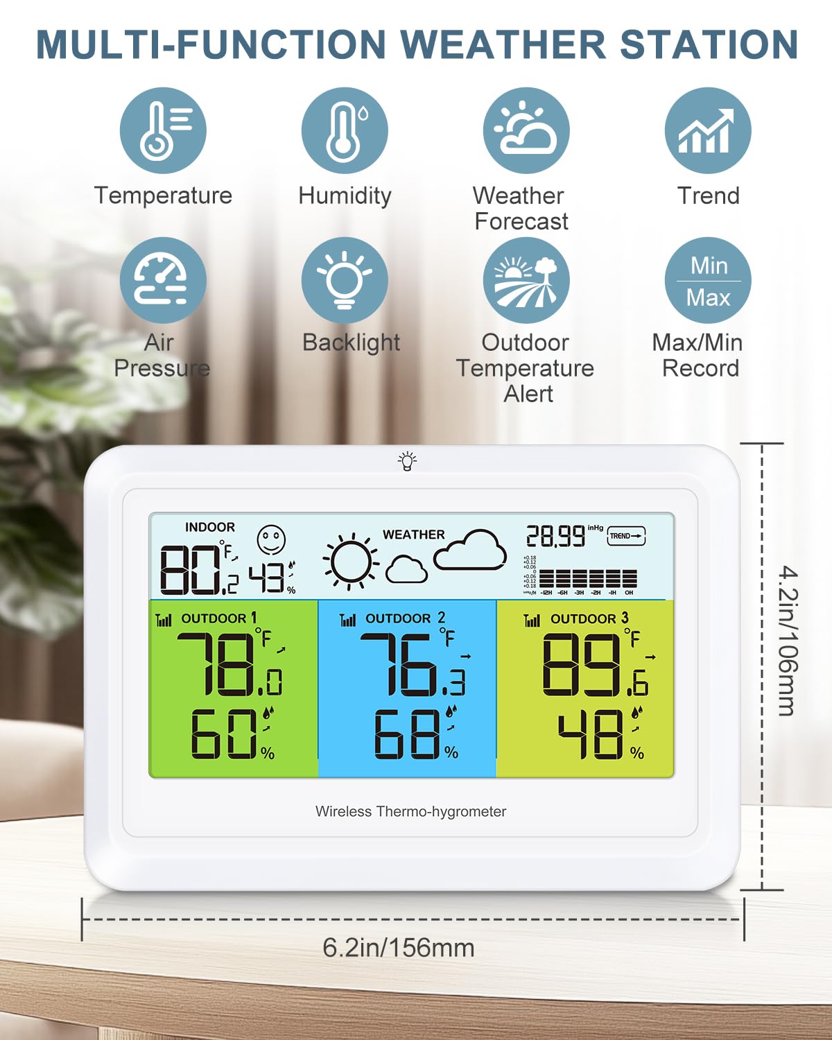 Wireless Indoor Outdoor Thermometer with 3 Sensors, Digital Thermometer Hygrometer with Color Display, Backlight