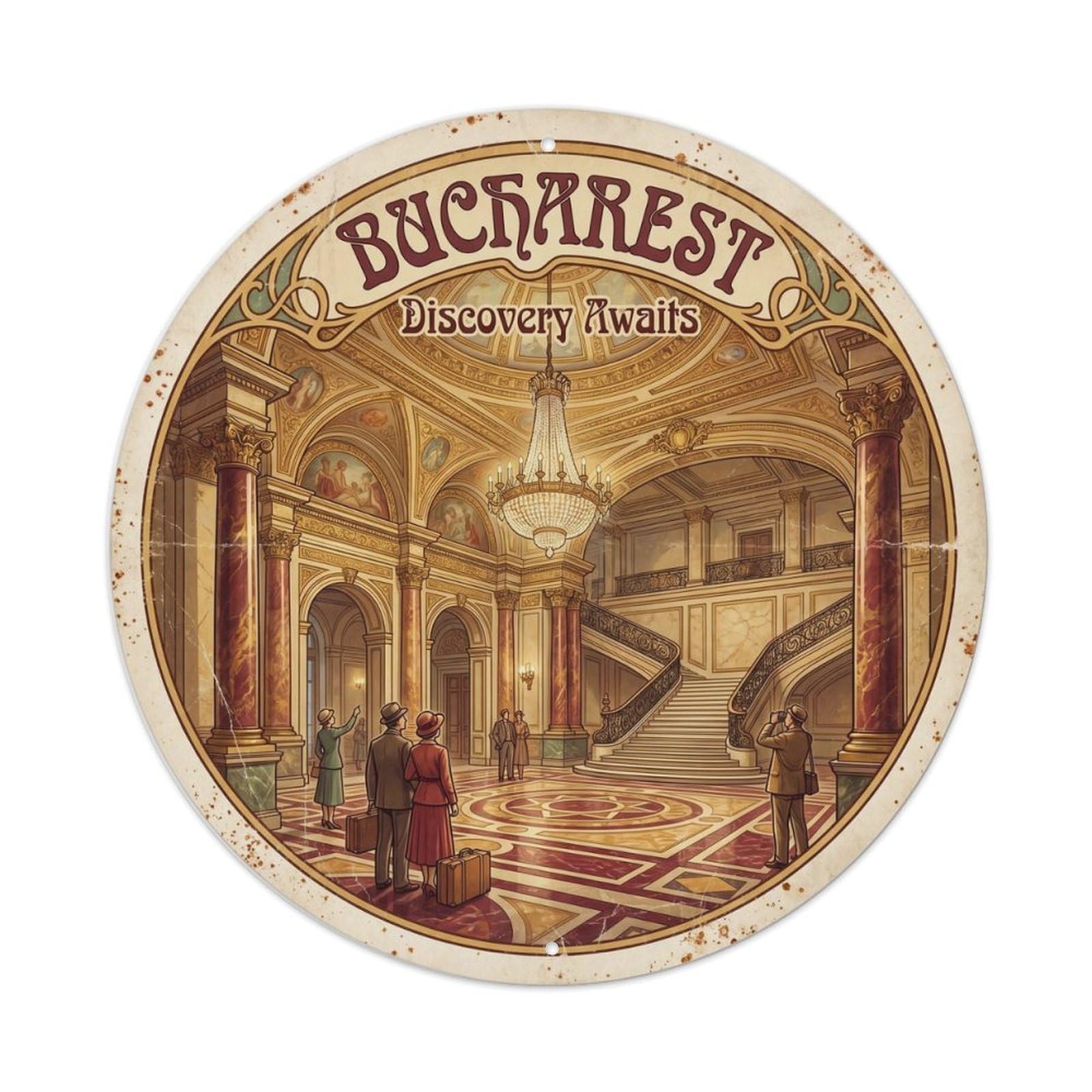 Vintage Travel Bucharest Neoclassical Discovery Metal Tin Sign
