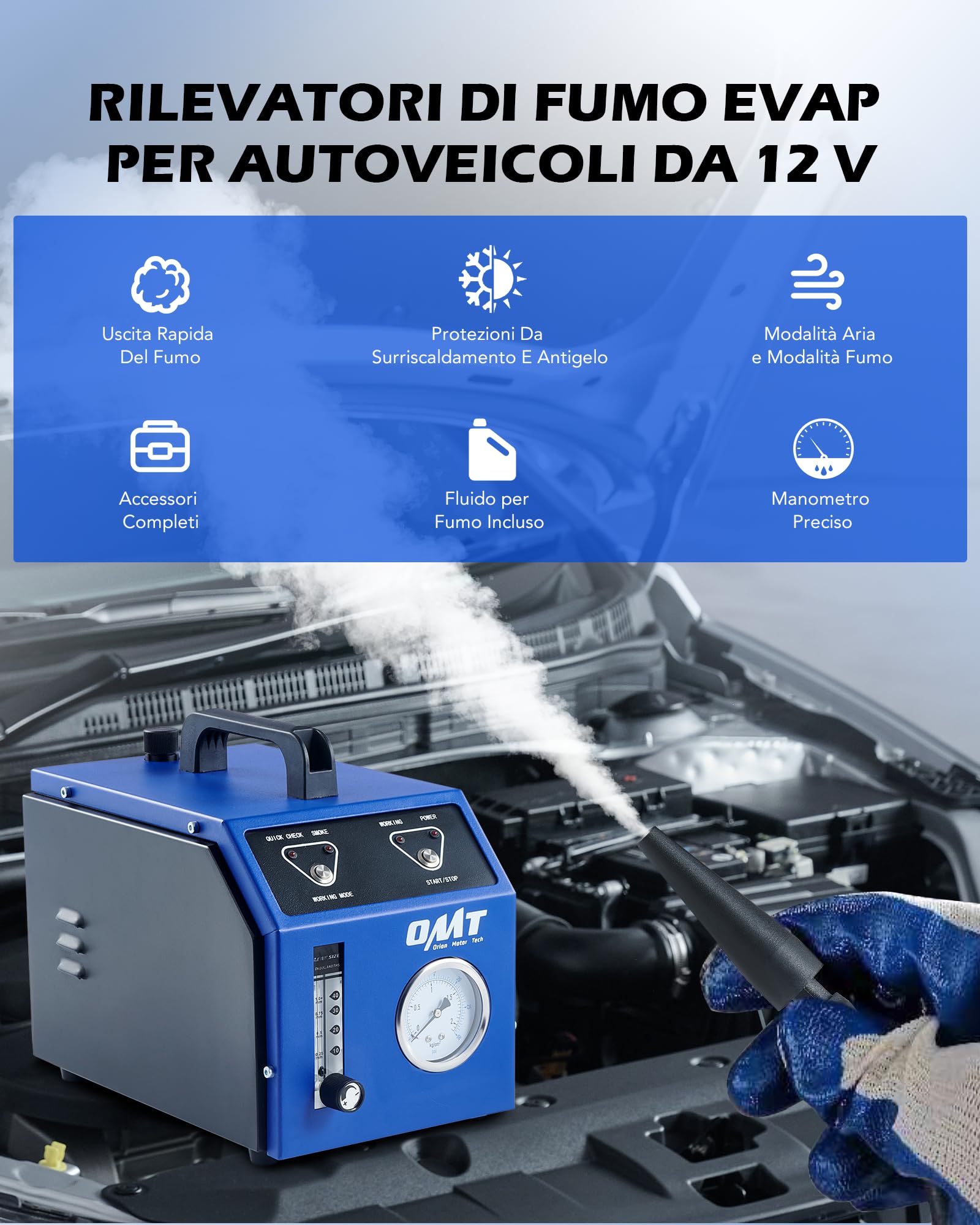 Orion Motor Tech Rilevatore di Perdite Fumo per Auto 12V Macchina di Fumo EVAP per Auto con 6 L/min Manometro, Adattatori Airbag e Coni per Sistema di Carburante EVAP