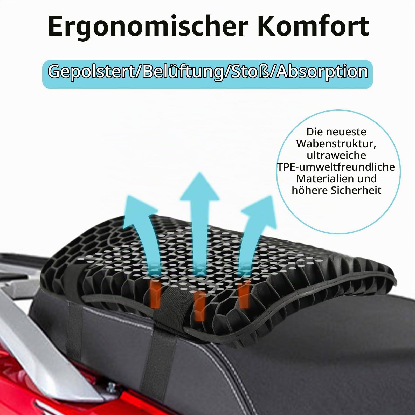 8.7x11.4in Motorrad Gel Sitzkissen, Motorrad 3D Waben Motorrad Sitzbezug, Stoßdämpfende atmungsaktive Sitzkissen für bequeme lange Fahrten (Back)