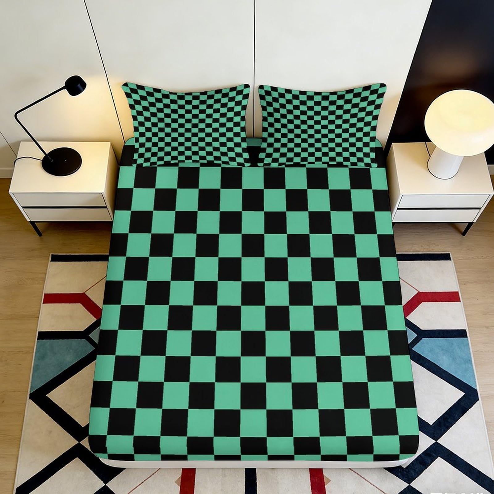 3D Printed Mint Black Checkerboard Fitted Sheet Microfiber Soft Breathable Grid Bed Sheet for Bedroom Dorm Mattress Protection Decor 90x200x25cm