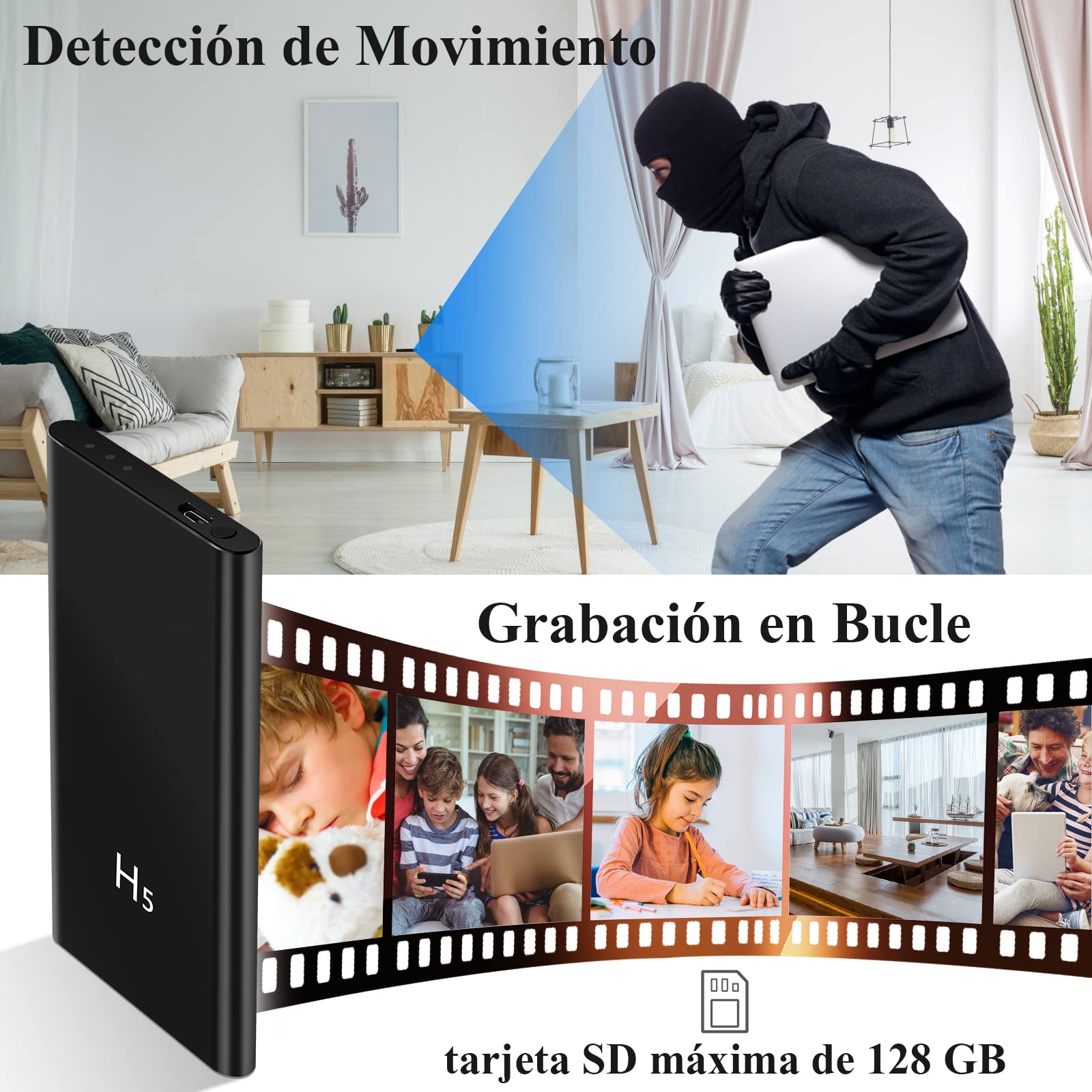 LXMIMI Nueva Mini Cámara de Seguridad Espía Oculta 2 en 1 con Banco de Energía de 5000 mAh, HD 1080P, para Niñera en el Hogar, con Visión Nocturna y Detección de Movimiento