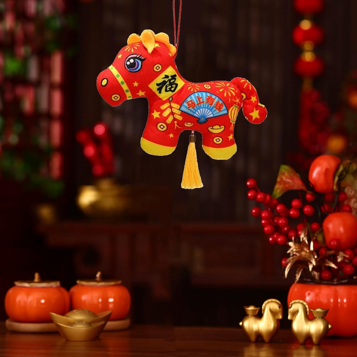 6 Pcs Year of The Horse 2026 Hanging Decoration,Chinese New Year Decorations,Horse Plush Ornament Mascot,Zodiac Blessing Souvenir Feng Shui Tassel Hanging Pendants Ornaments for Home Car Window Decor
