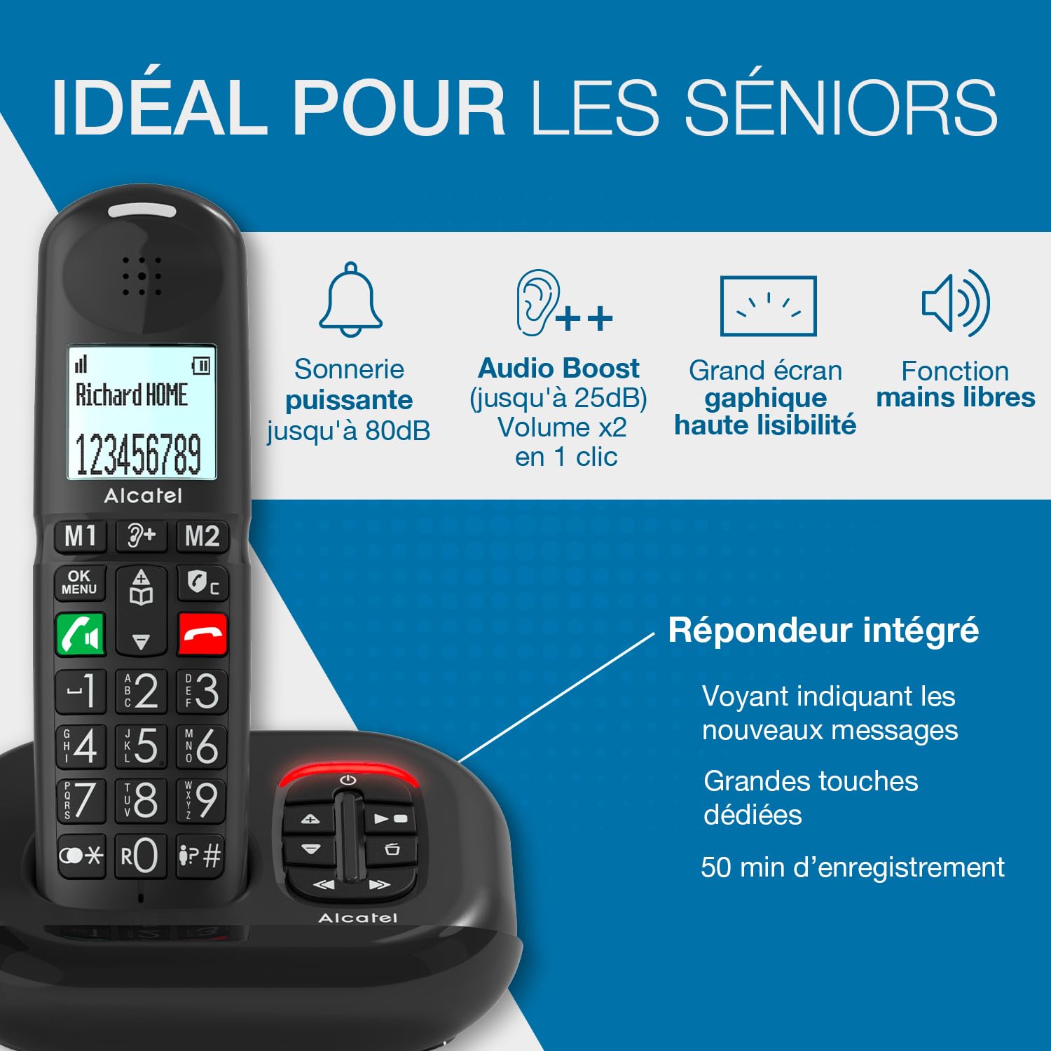 ALCATEL XL685 Voice - Teléfono Fijo inalámbrico DECT Senior con contestador - Pantalla de Alta legibilidad - Teclas Grandes - Audio Boost - Manos Libres - Bloqueo de Llamadas - Negro