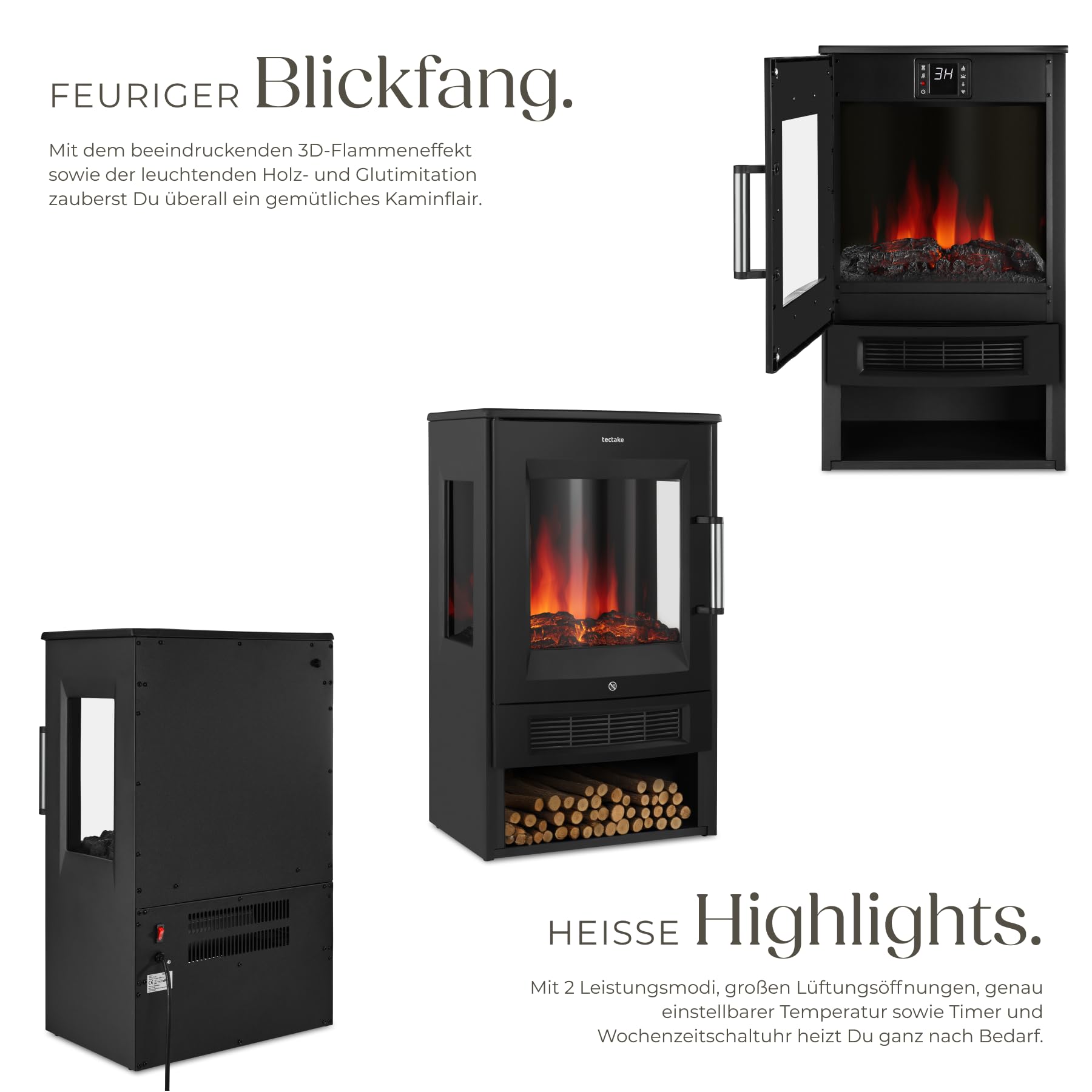 tectake® Elektrokamin mit 2 Heizstufen 900W/1800W, elektrischer Kamin mit 3D-Flammeneffekt Kaminfeuer in 8 Farben, Kamin mit Fernbedienung und Tuya-App-Steuerung, Timer, Elektro Kamin, schwarz