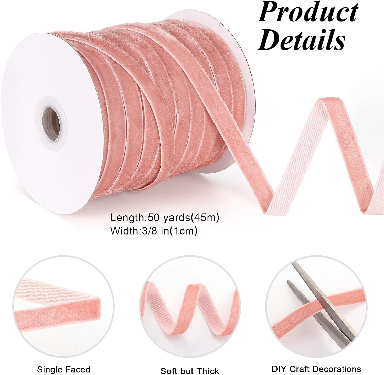50 Yards 3/8 Inch Velvet Ribbon, Single Face Velvet Fabric Ribbon Roll with Spool Satin for Gift Wrapping, Hair Bows Making, Wedding, Christmas Decoration (Pink)
