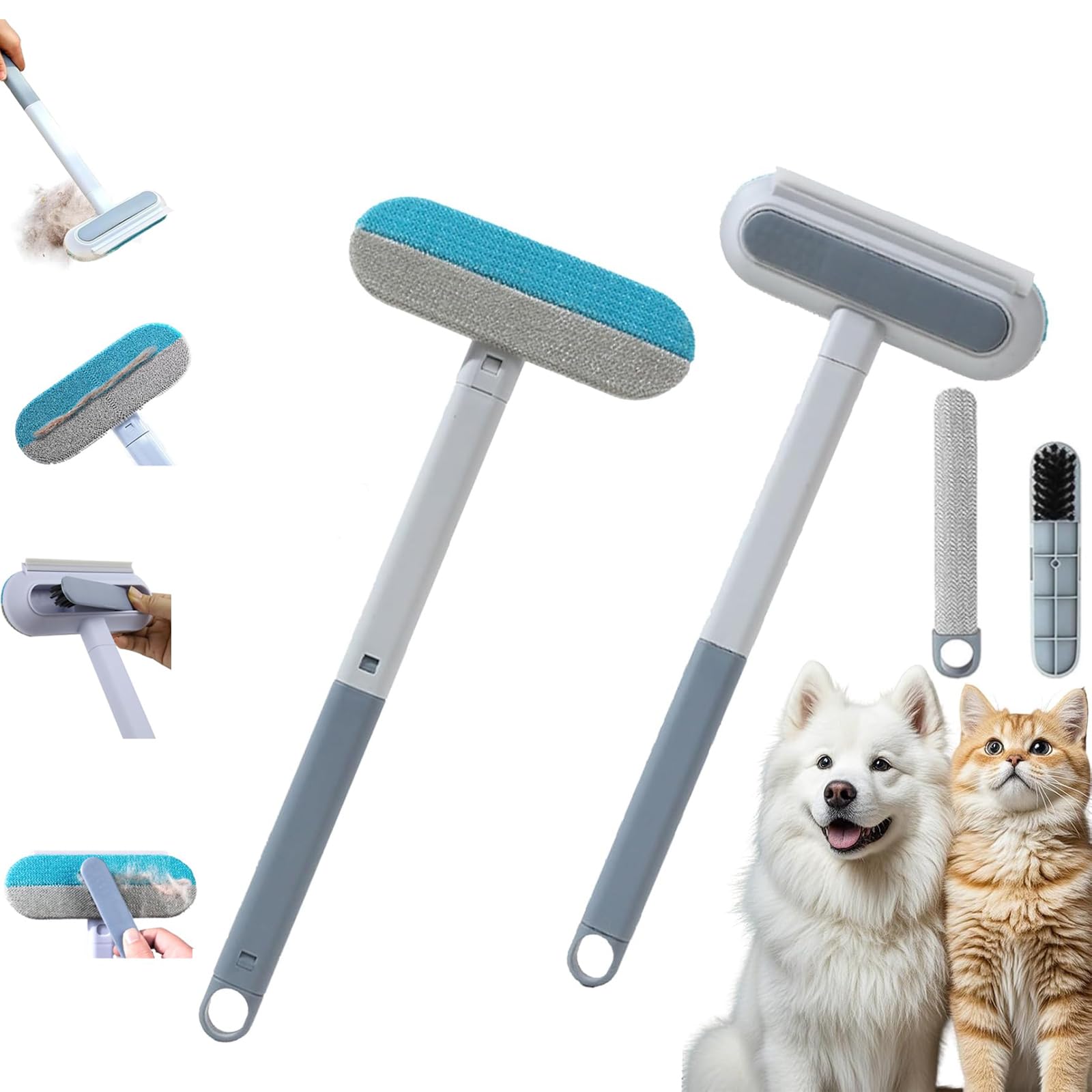 Éliminateur électrostatique 4 en 1 pour Animaux de Compagnie (Lot de 2) avec Tige d'extension - Brosse Anti-Peluches réutilisable pour Poils de Chien et de Chat sur canapé, Tapis