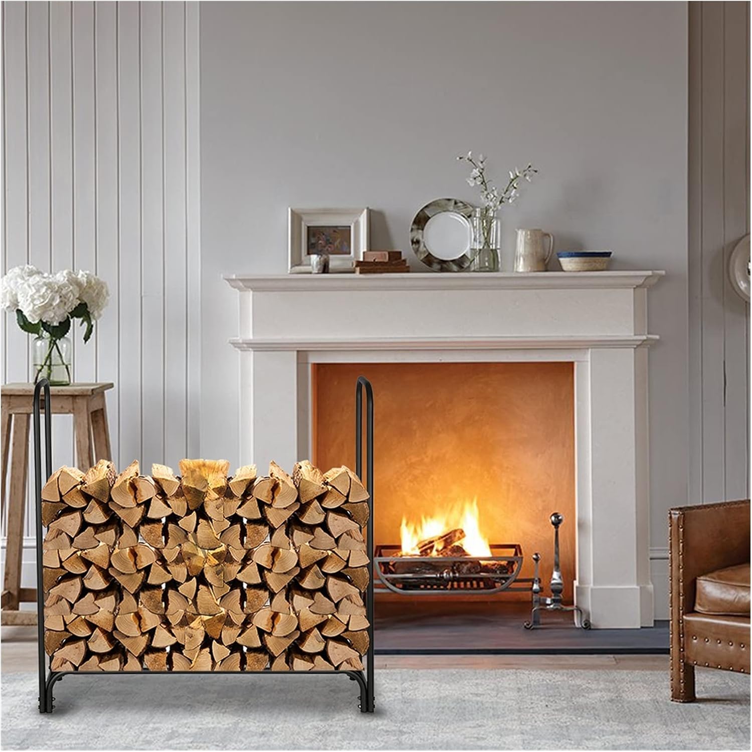 Fireplace Wood Storage Iron Fireplace Firewood Stand Rack Storage Shelf Black Sand Pattern Single Layer 4 Feet Long 46 Inches High Indoor and Outdoor Firewood Rack