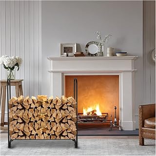 Firewood Rack Holder Iron Fireplace Firewood Stand Rack Storage Shelf Black Sand Pattern Single Layer 4 Feet Long 46 Inches High Indoor and Outdoor Fireplace Log Holder