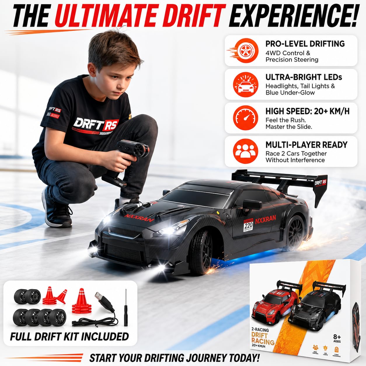 FLYTEK RC Drift Car - LED Lights & Spare Tyres -3