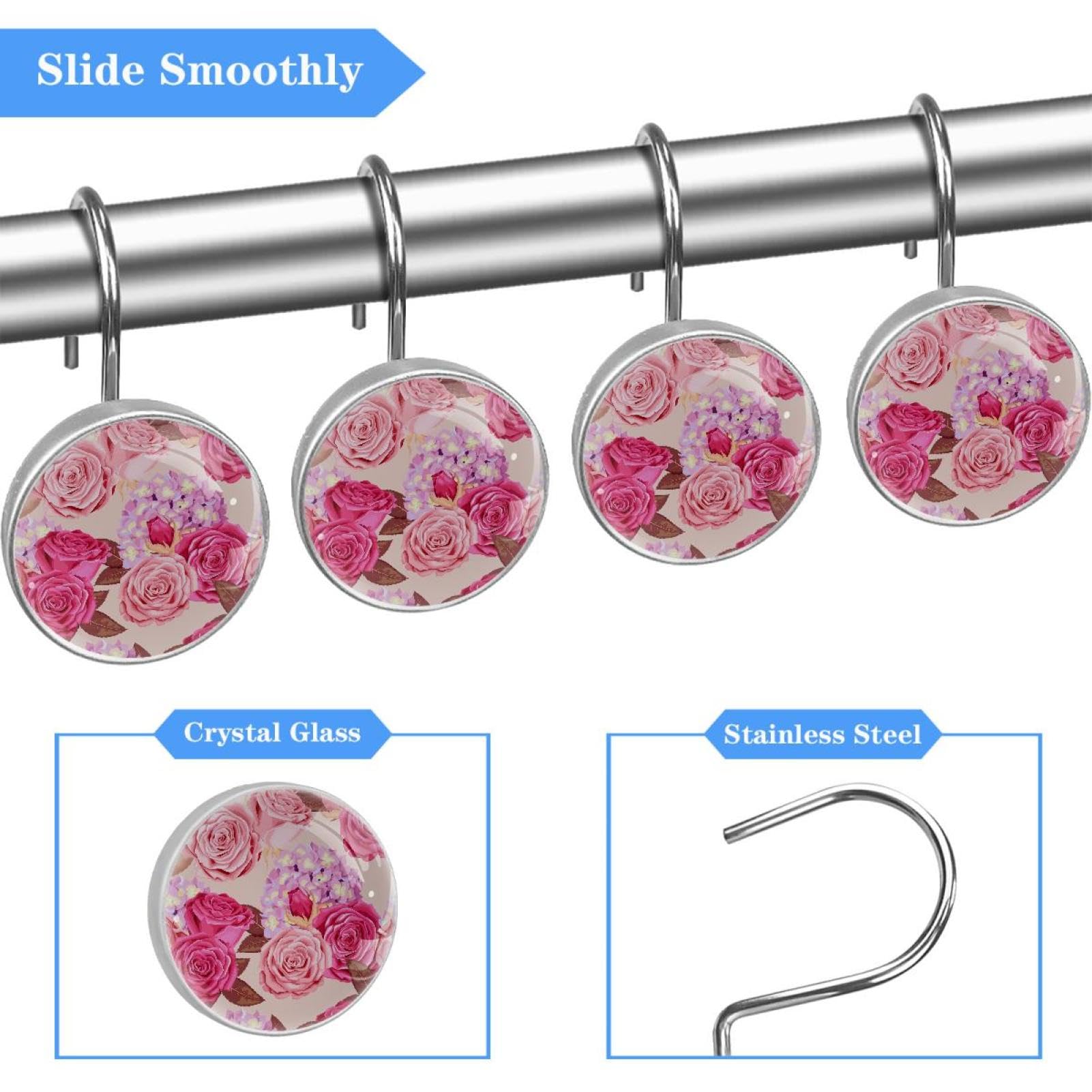 Twofishes - Set Di 12 Ganci Per Tenda Doccia Con Rose Rosa - Anelli In Lega Antiruggine E Poliresina - Per Aste Da 22-30 Mm