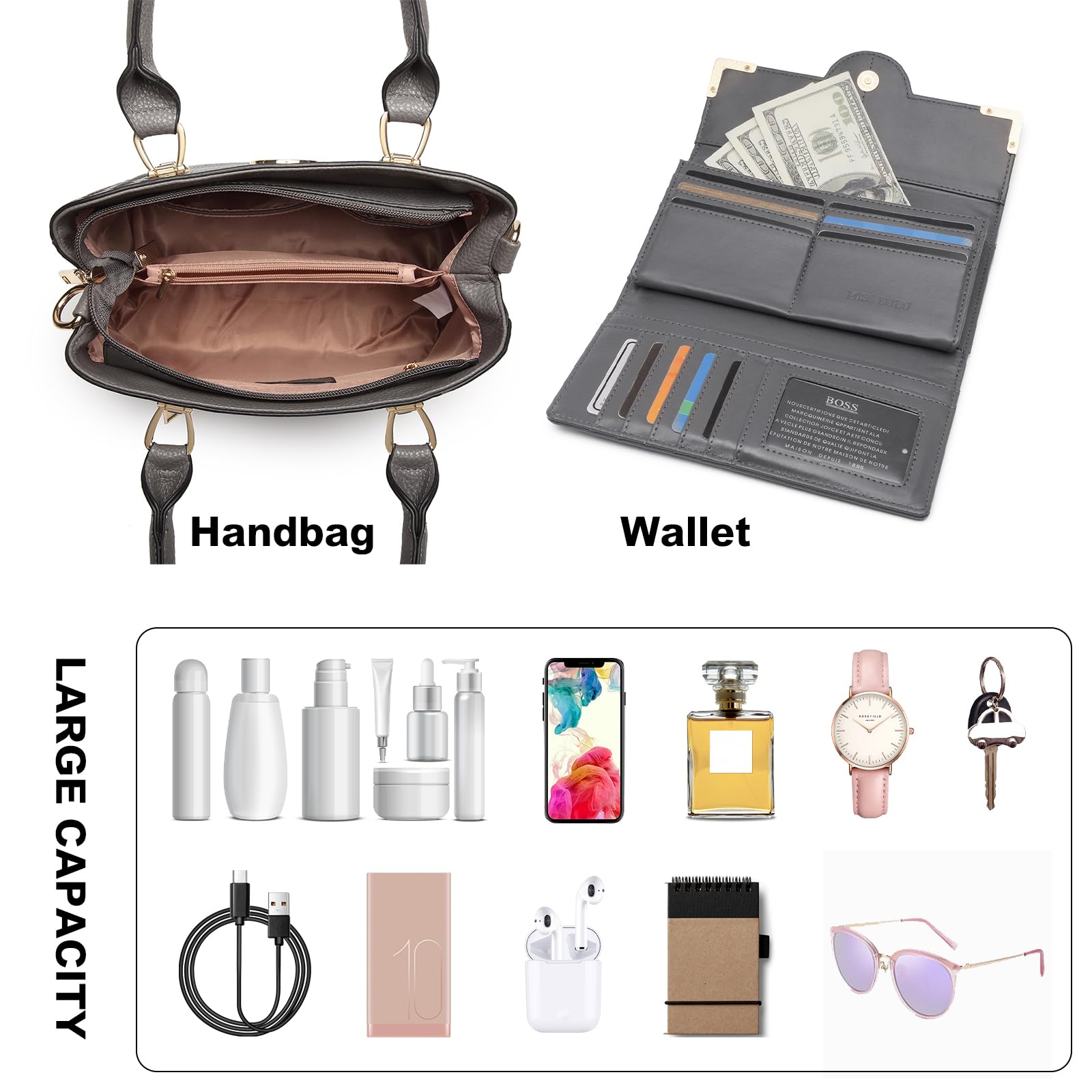 Miss Lulu Handtasche Damen Mittelgroß Henkeltasche Elegante Schultertasche Tasche für Damen mit Lychee Muster damenhandtasche aus PU Leder mit Abnehmbarer Schultergurt