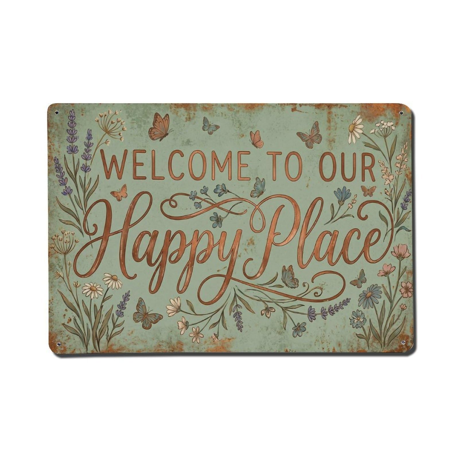 Welcome To Our Happy Place Cottage Garden Metal Tin Sign Plaque Wall Decor for Cafe, Club Bar, Office, Home Garden Metal Poster 8x12Inch