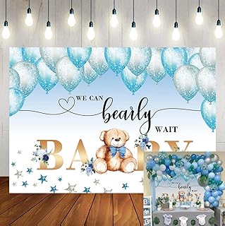 WR Bear Baby Shower Party Backdrop We Can Bearly Wait Watercolor Blue Balloons Star Leaves Background Baby Shower Boy Birthday Party Cake Table Decoration Photo Booth Props 7x5FT