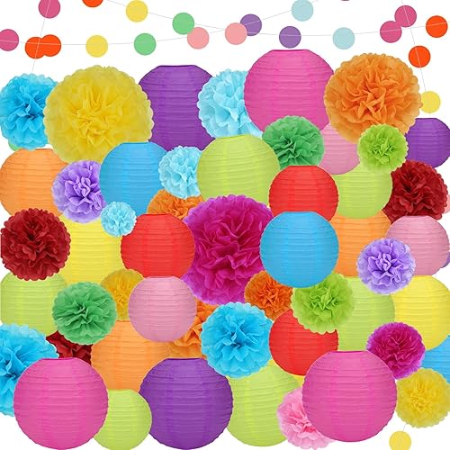 Riakrum Juego de 49 linternas de papel coloridas para colgar en chino o japonés, decoración de faroles de papel redondos para fiestas, flores,
