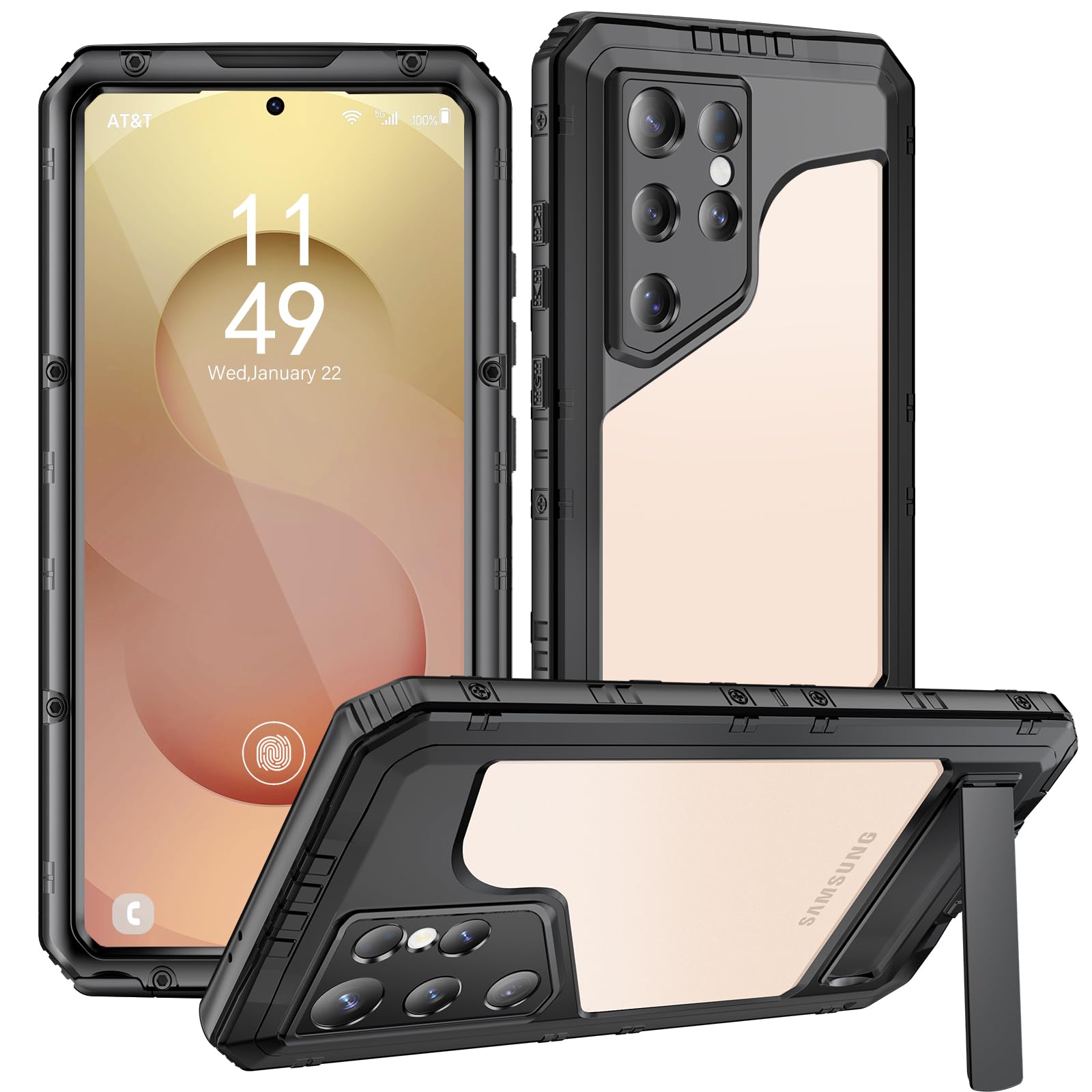 Beeasy para Samsung Galaxy S25 Ultra Funda Impermeable IP68, Militar Antigolpes Metálica Carcasa con Protector de Pantalla y Soporte, 360° Protección Resistente Sumergible Funda, Negro