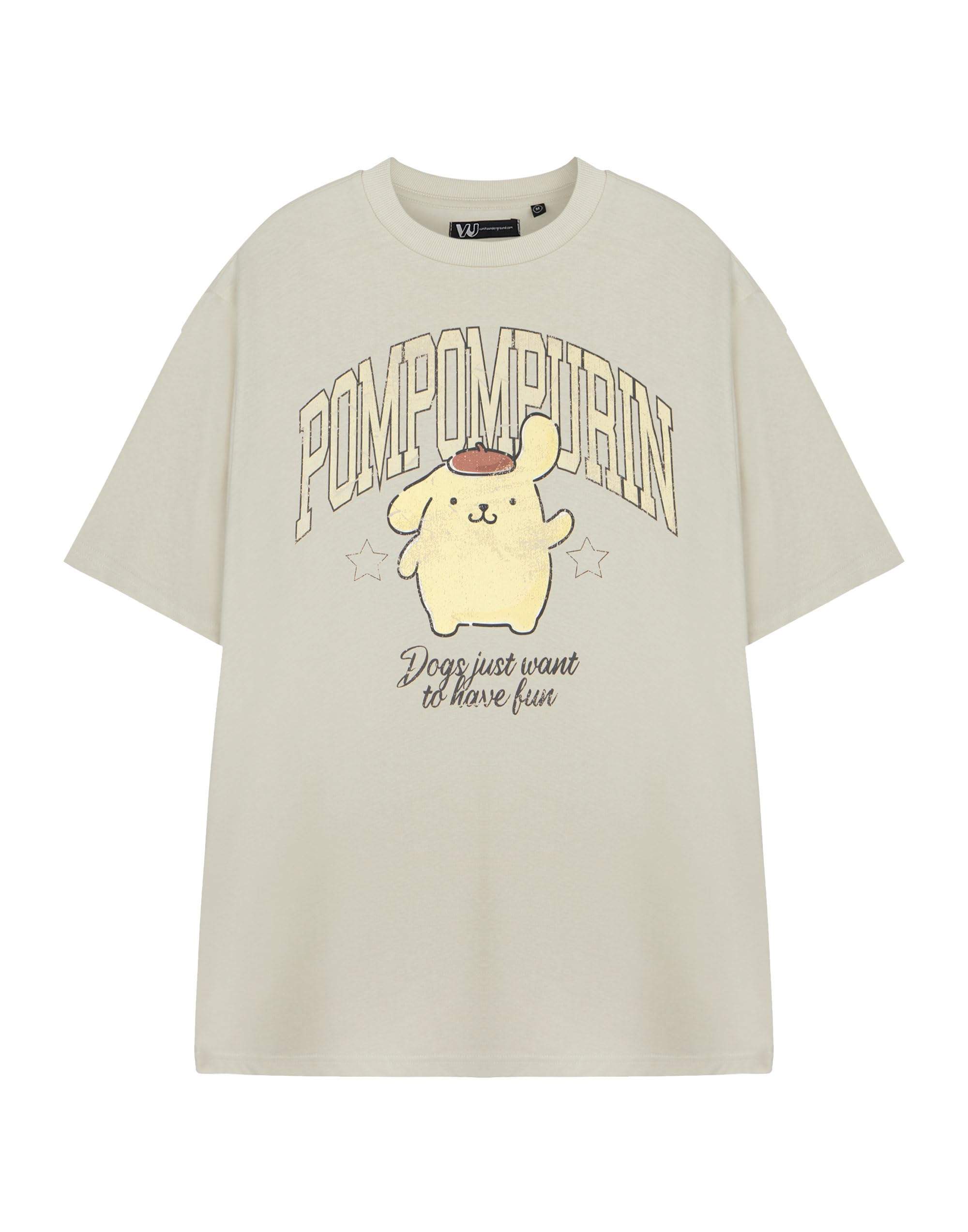 Hello Kitty Women's Oatmeal & Friends Pompompurin Light Beige Classic Top | Cartoon Graphic Tee | Crew Neck Short Sleeve Pull-On Dogs Just Want To Have Fun Shirt