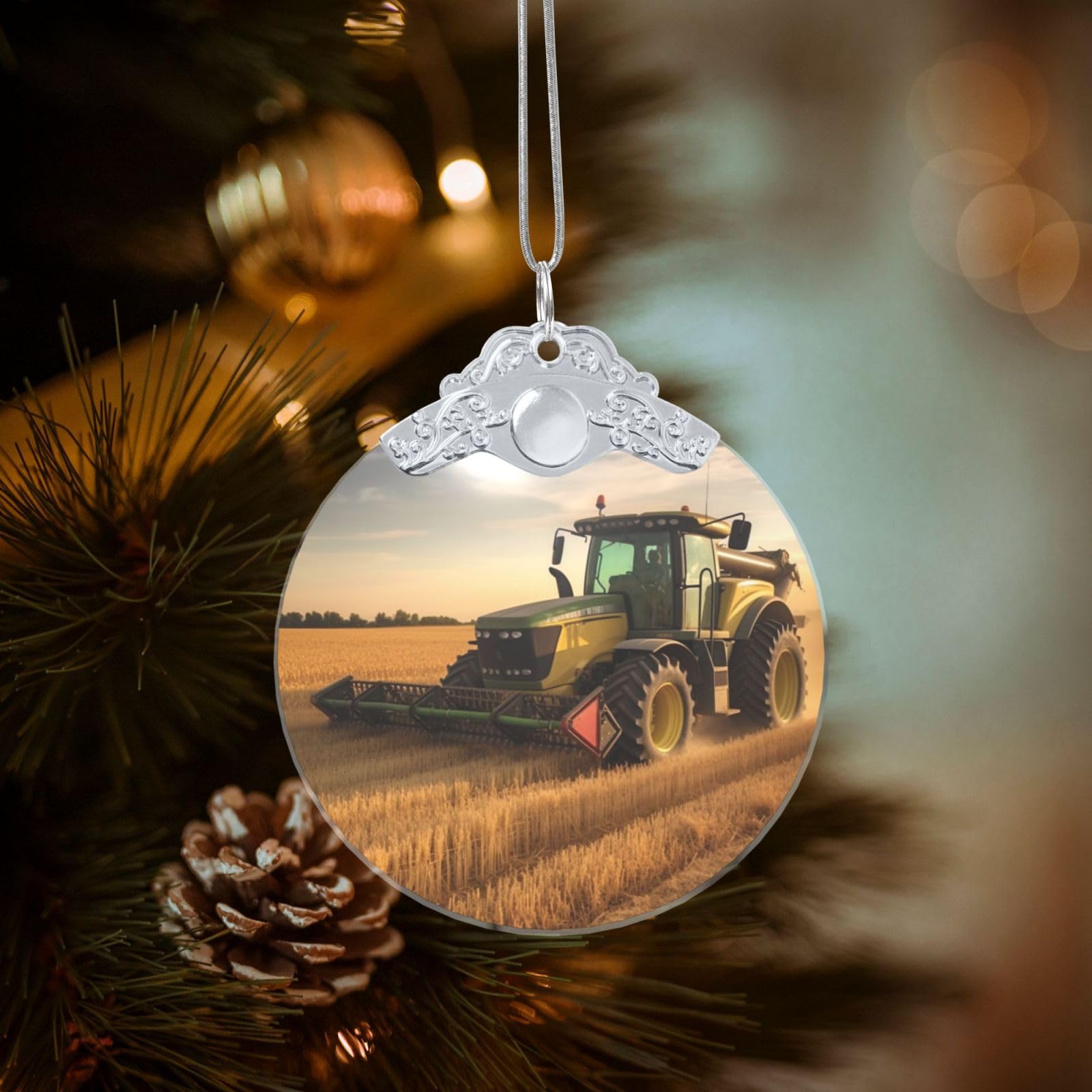 Crystal Christmas Ornaments for Christmas Tree Decoration Hanging Farm Tractor Harvest Ornament with Gold Ribbon Crafts Round Pendant for Keepsake Gifts Glass Xmas Decor Party Supplies