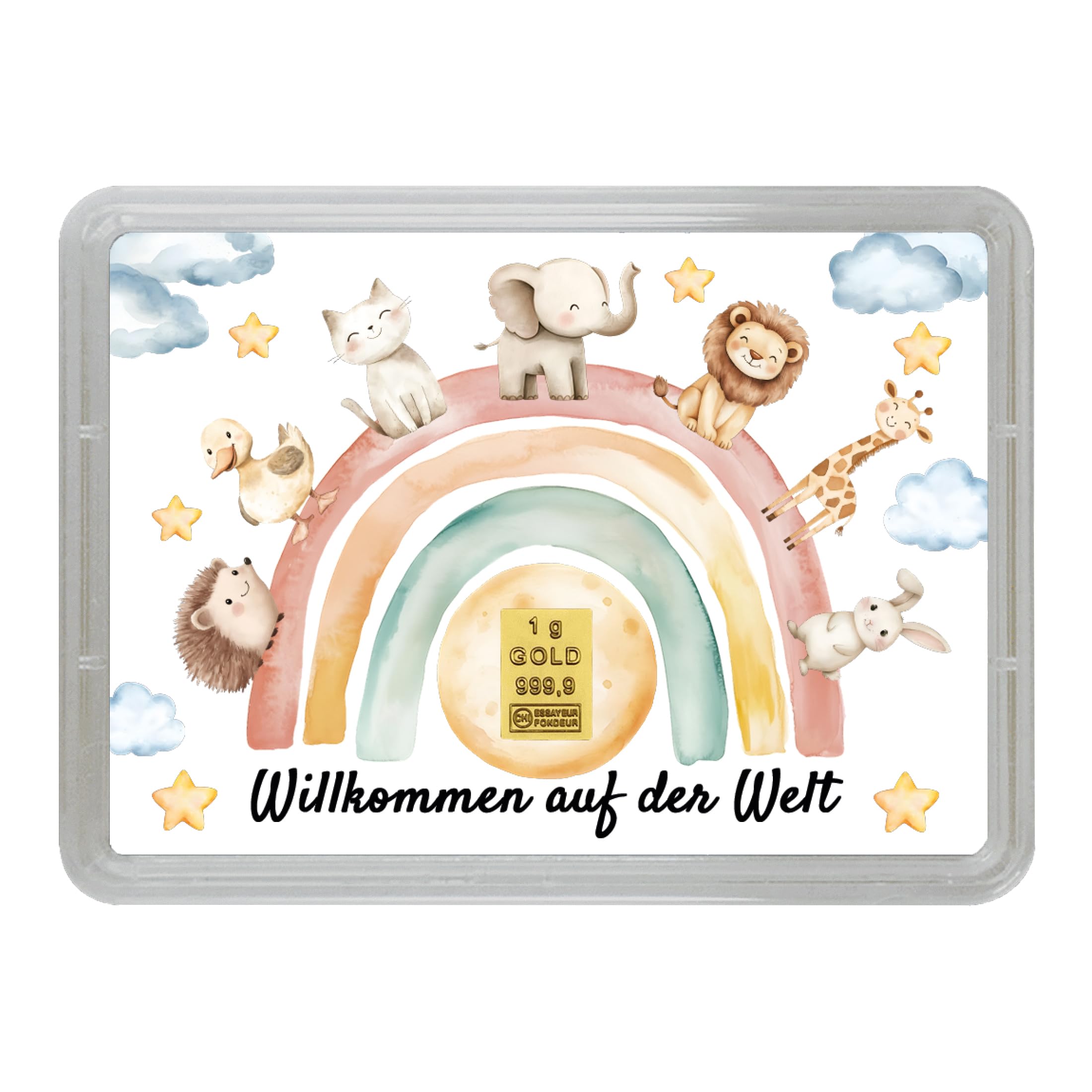 Motivbox zur Geburt mit Goldbarren – „Willkommen auf der Welt“ – niedliche Tiermotive – Echtheitsgarantie von Goldstücke24 – Geschenkidee für Neugeborene mit Grußkarte & Geschenkbeutel (1g Gold)