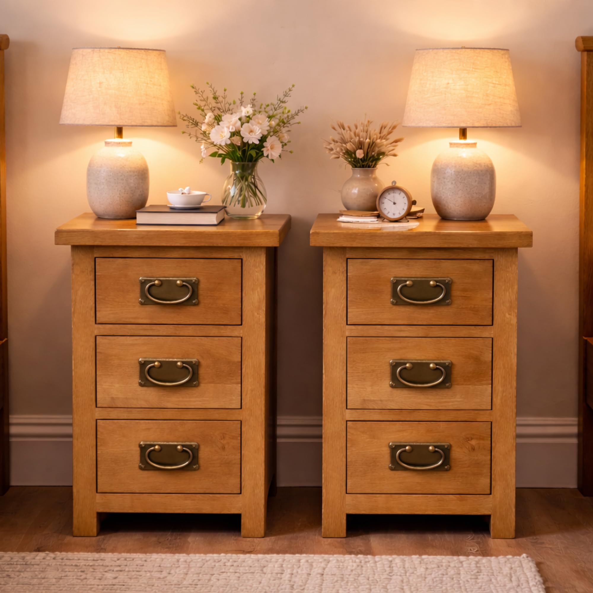 Home Furniture Group Ltd Oakcroft Narrow Bedside Tables – Rustic Pair of 3 Drawer Solid Wood Cabinets – Fully Assembled Bedroom Units – 38cm Wide