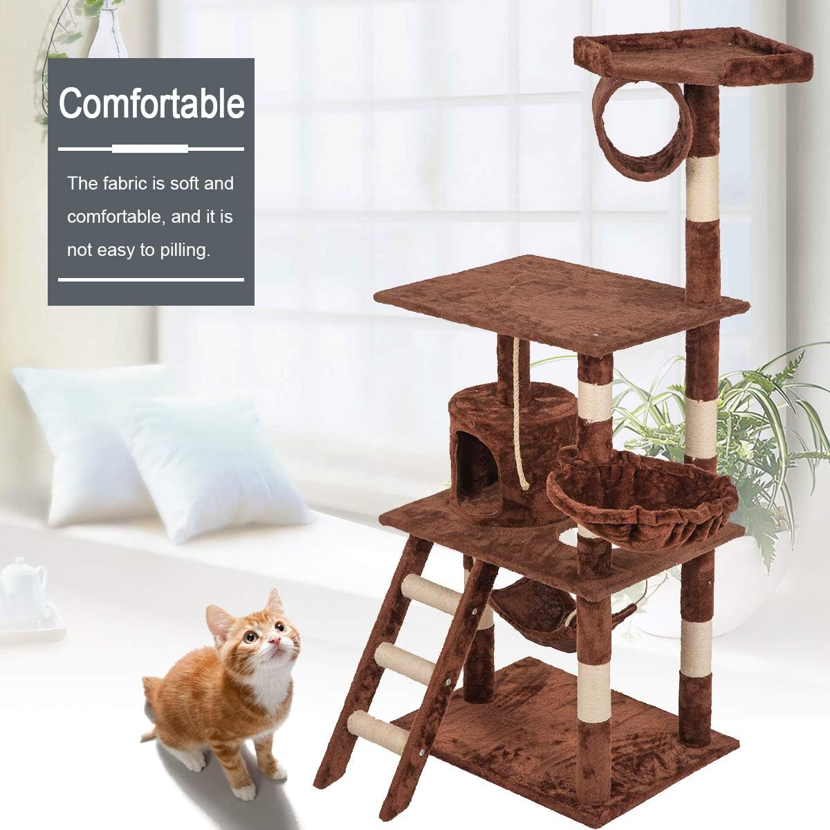 BestPet Medium Cat Tree Cat Tower Cat Condo Cat Activity Tree Playground Cage Kitten Multi-Level 64 inches Play House Scratching Post Furniture with Hammock (Brown)