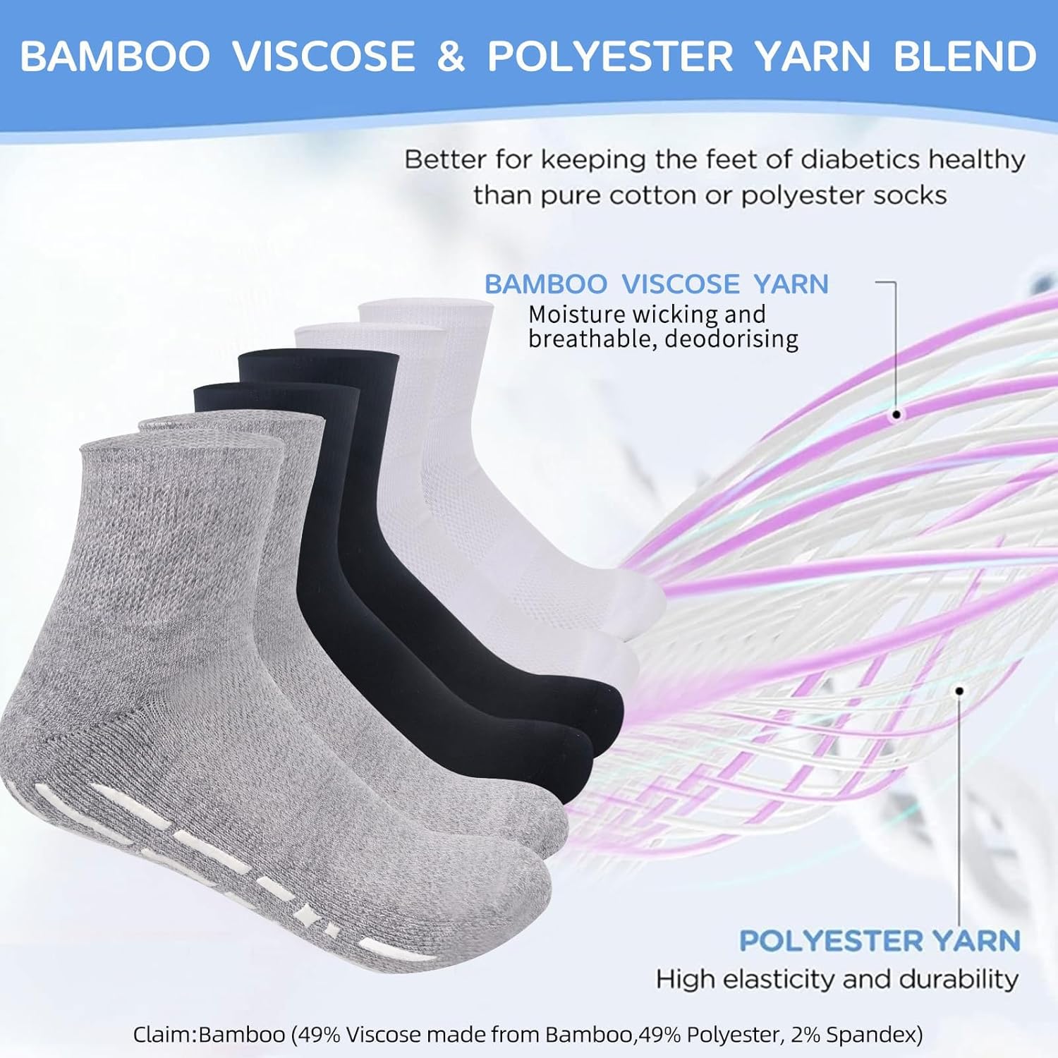Bulinlulu Bamboo Viscose Diabetic Socks with Grippers for Men Women -6 Pairs Non Binding Ankle Slipper Socks Size 6-9 9-12 - Image 4