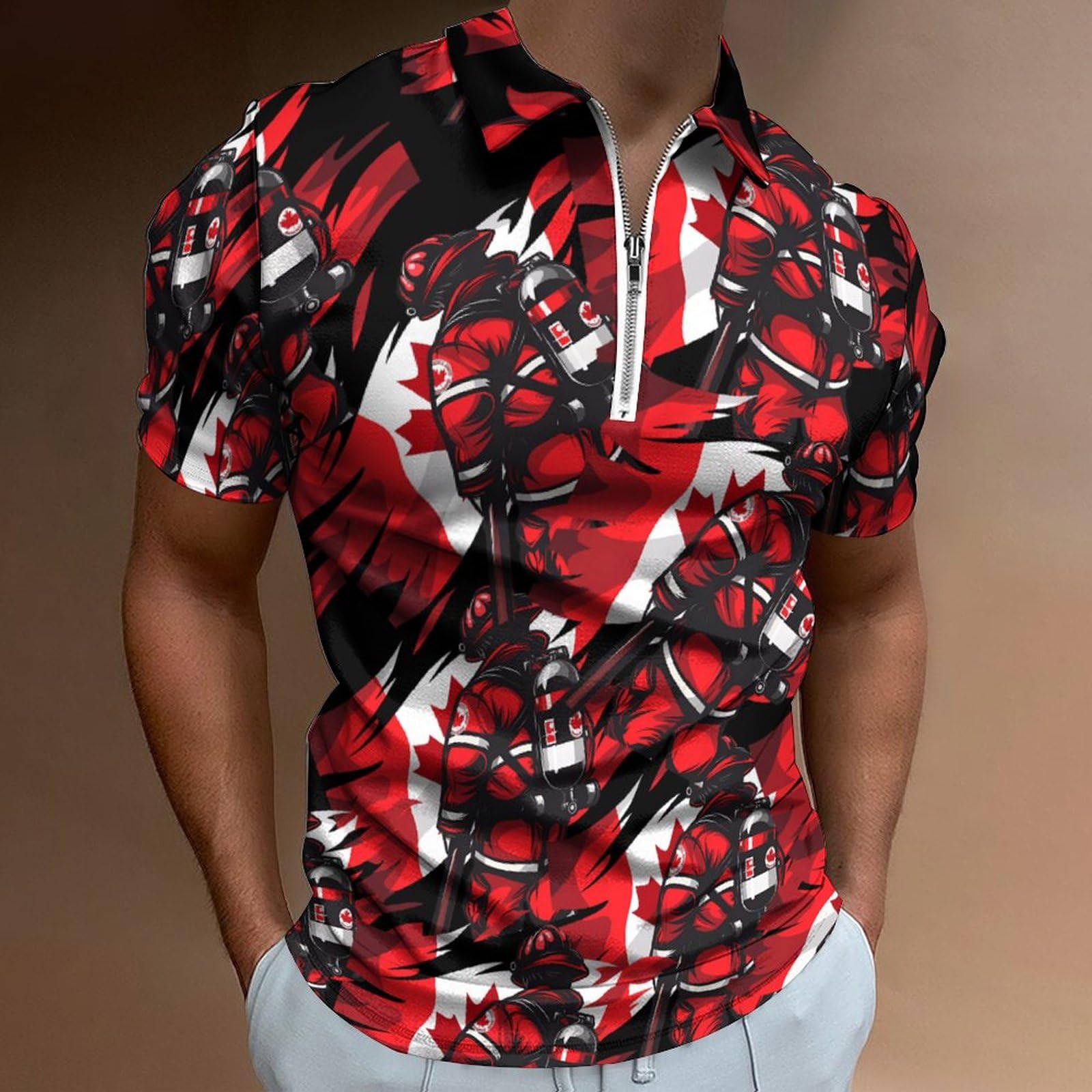 Amazon | 消防士 カナダ国旗 メンズ サマーシャツ 半袖 Tシャツ 