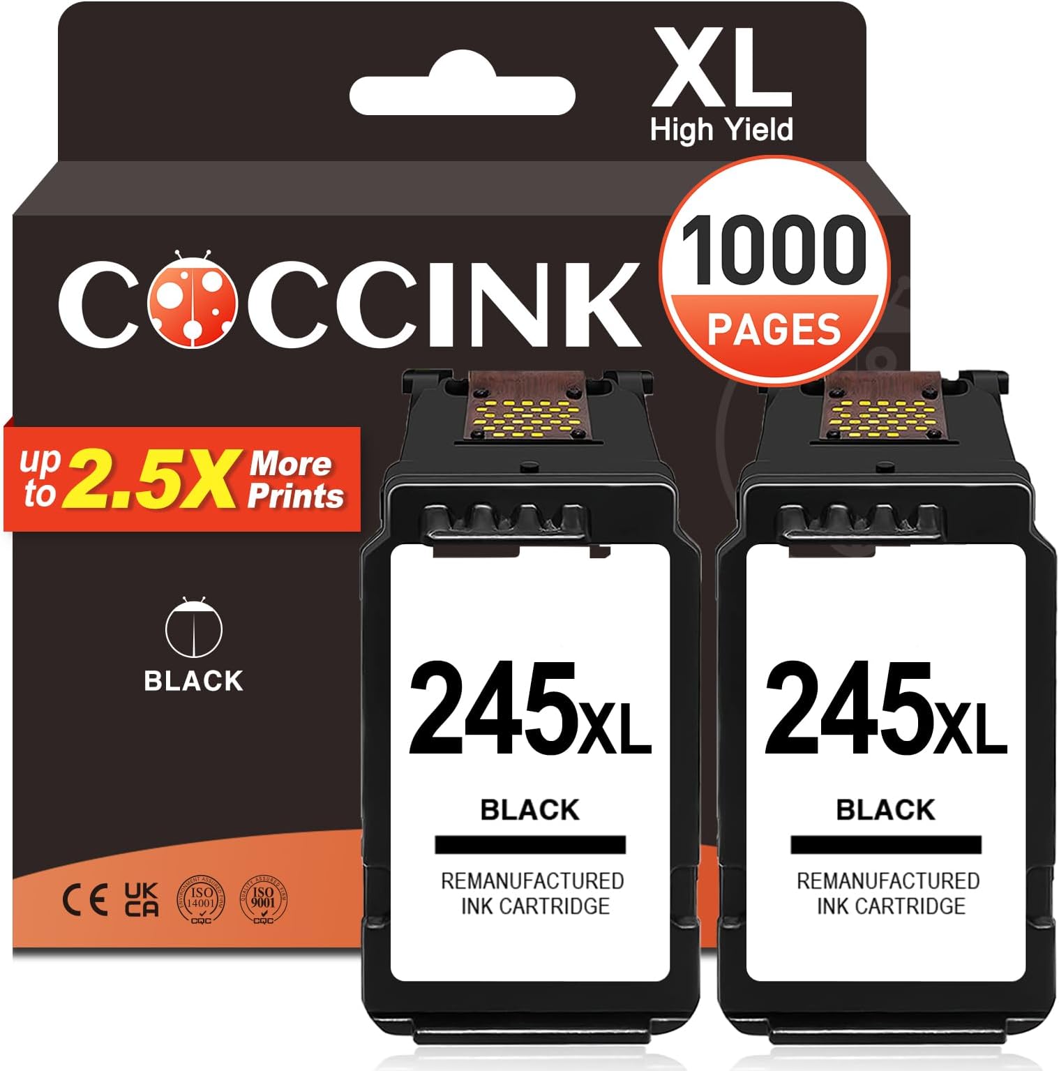 COCCINK 245 XL Ink Cartridge for Canon 245XL Black Ink Remanufactured | Work with Pixma MG2520 MG2522 TS202 TS302 TS3322 TS3120 TS3122 TR4500 TR4520 TR4522 TR4550 MX490 MX492 Printer PG245 Combo