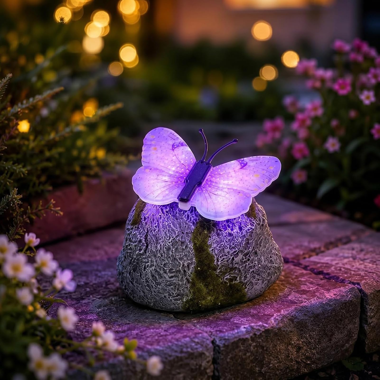 Illuminated Butterfly Stone Garden Light, Solar LED Butterfly Garden Statue with Light-Up Wings, Solar Butterfly Lights for Outside, Outdoor Waterproof Pathway Lights for Garden, Yard, Patio (Purple)