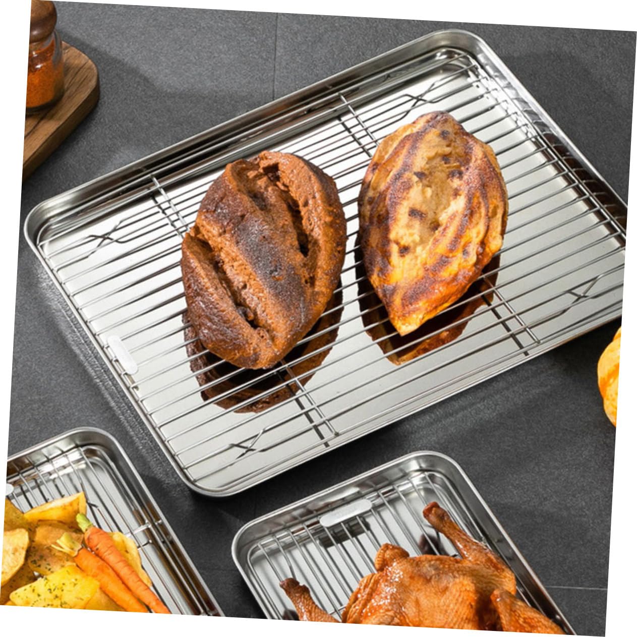 VICASKY Backblech mit Spiegelpolitur mit Kühlgitter 2 Stück aus Edelstahl Langlebiges Backzubehör zum Backen von Brot und Fleisch