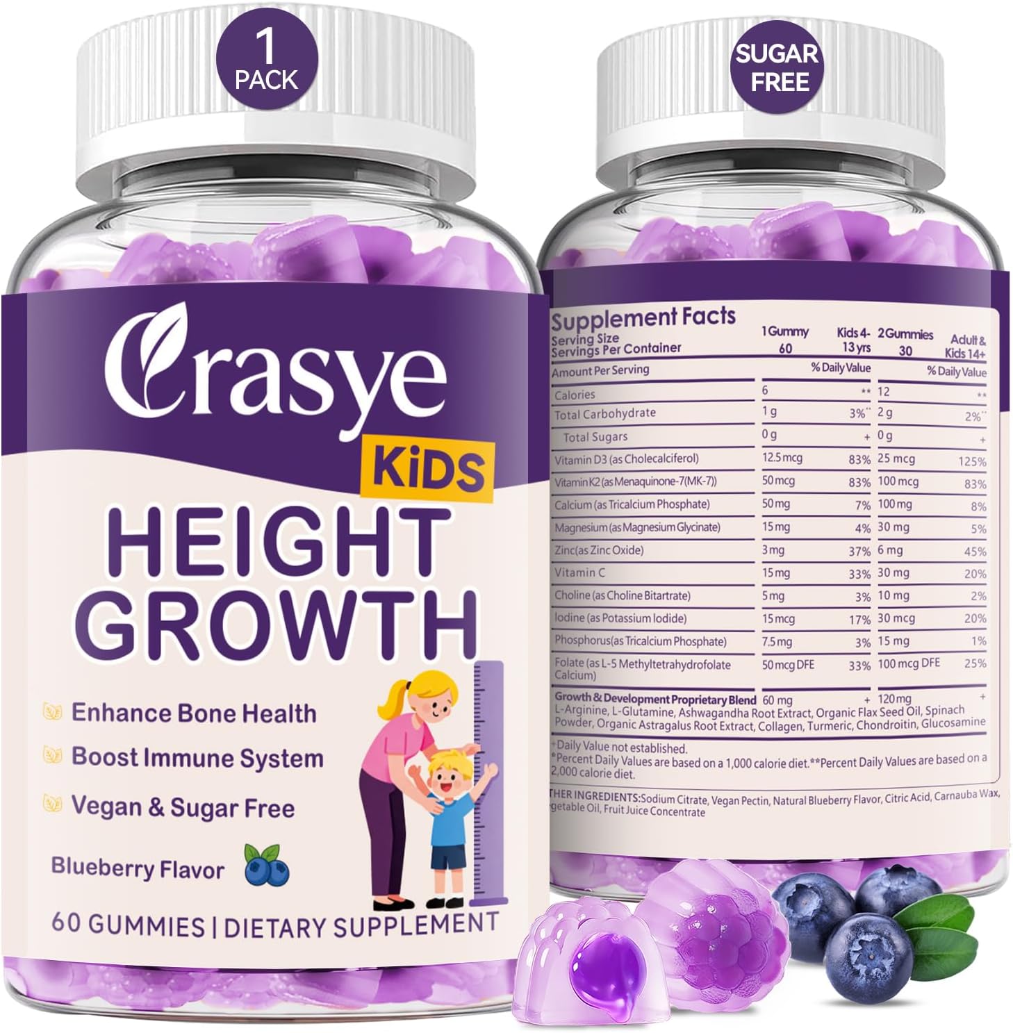 Height Growth Gummies for Kids & Teens - Calcium, Vitamin D3 + K2, Zinc, Magnesium, L-Arginine - Teen Multivitamin Gummies for Children Bone Strength and Immunity - 60 Gummies