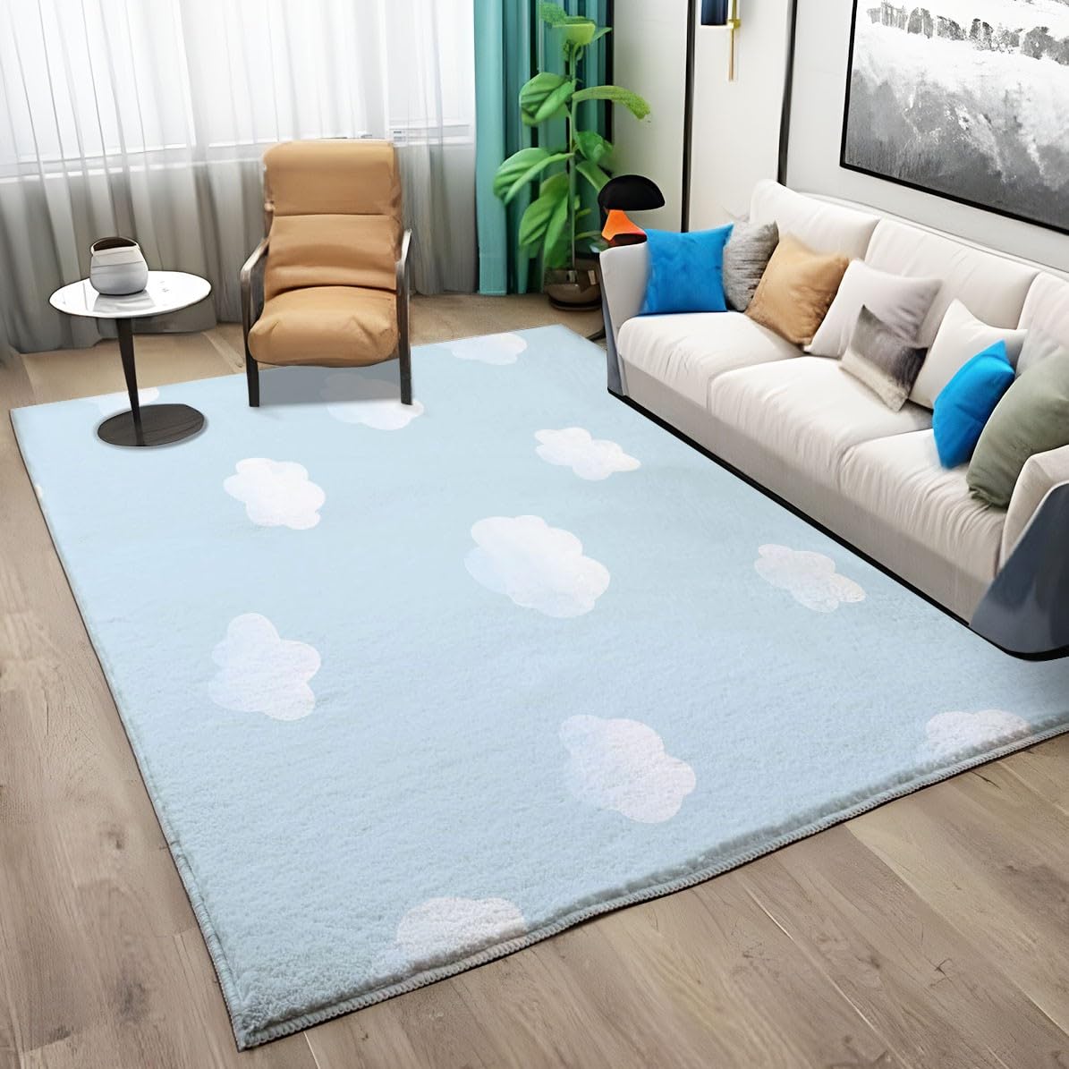 Tapis pour Salon Moquette 120cm x 180cm Tapis Poils Ras Nuages Blancs, Fond Bleu Thème Soft Doux et Moelleux Tapis pour la Chambre à Coucher d'enfant Couloir