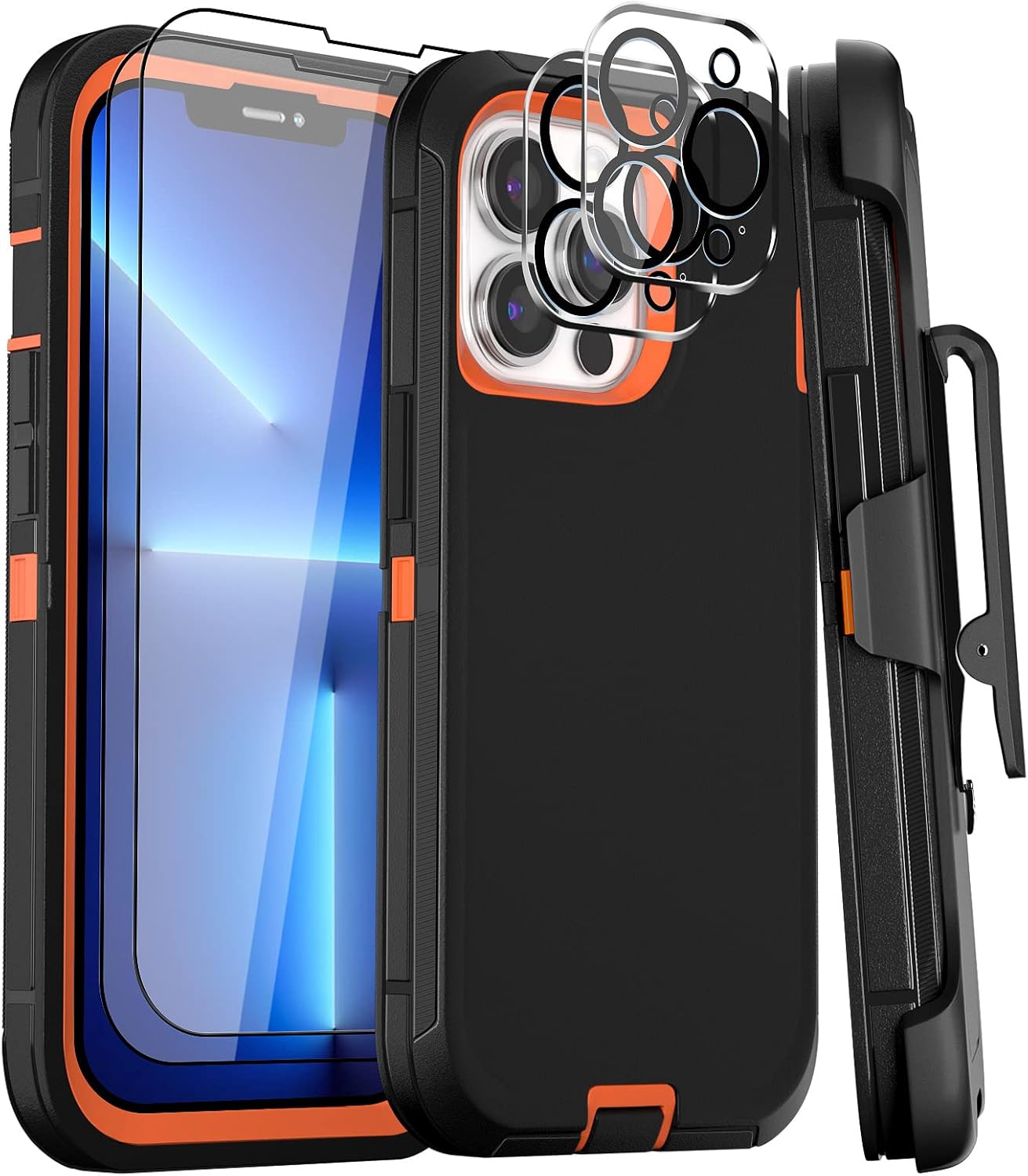 Case for iPhone 13 pro Case 6.1" Belt-Clip Holster Kickstand with 2 Screen Protector + 2 Camera Lens Protector, Full Body Heavy Duty Military Grade Drop Protection Cover (Black Orange+Clip)