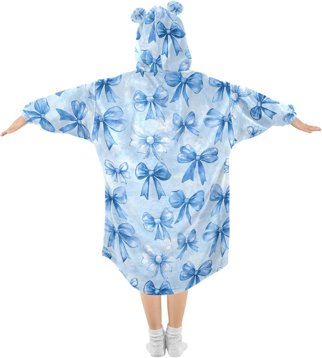 Blue Bows Kids Wearable Blanket Hoodie with Pocket and Sleeves for Toddlers, Cute Hoodies 3-14 Year Girls Boys