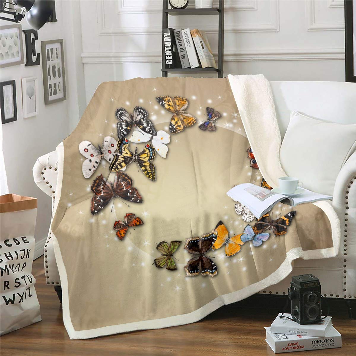 Butterfly Sherpa Blanket for Kids Woman Adults Colorful Butterflies Print Throw Blanket Flying Insects Pattern Fleece Blankets Vintage Beige Plush Blankets,Room Decor Fuzzy Blanket Single 50"x60" — image 1