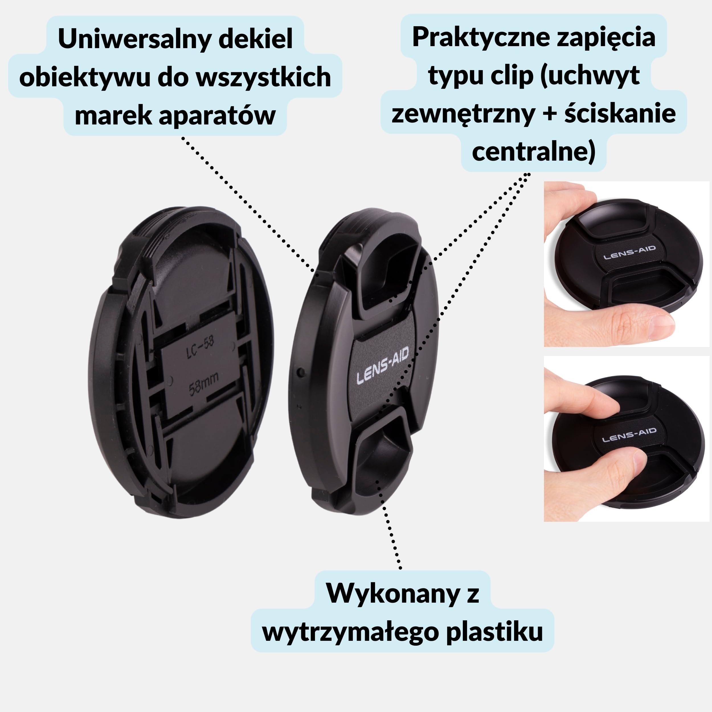 LENS-AID dekielek obiektywu uniwersalny 58 mm Lens Cap | Ochrona obiektywu przed kurzem, rysami i bryzgami wody w plenerze lub podr贸偶y, Center Pinch i uchwyt zewn臋trzny