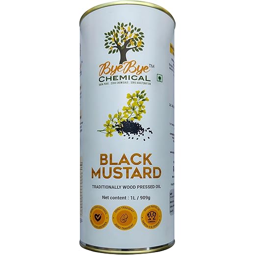 Byebyechemical Wood Pressed Black mustard Oil - 1L | Wood Pressed |Kolhu/ Kacchi Ghani/ Chekku | Zero Chemical |Zero Trans Fat | Cholesterol Free | Good Ration of Omega 3 & Omega 6| 100% Natural oil for cooking | Tin Pack(1 L)