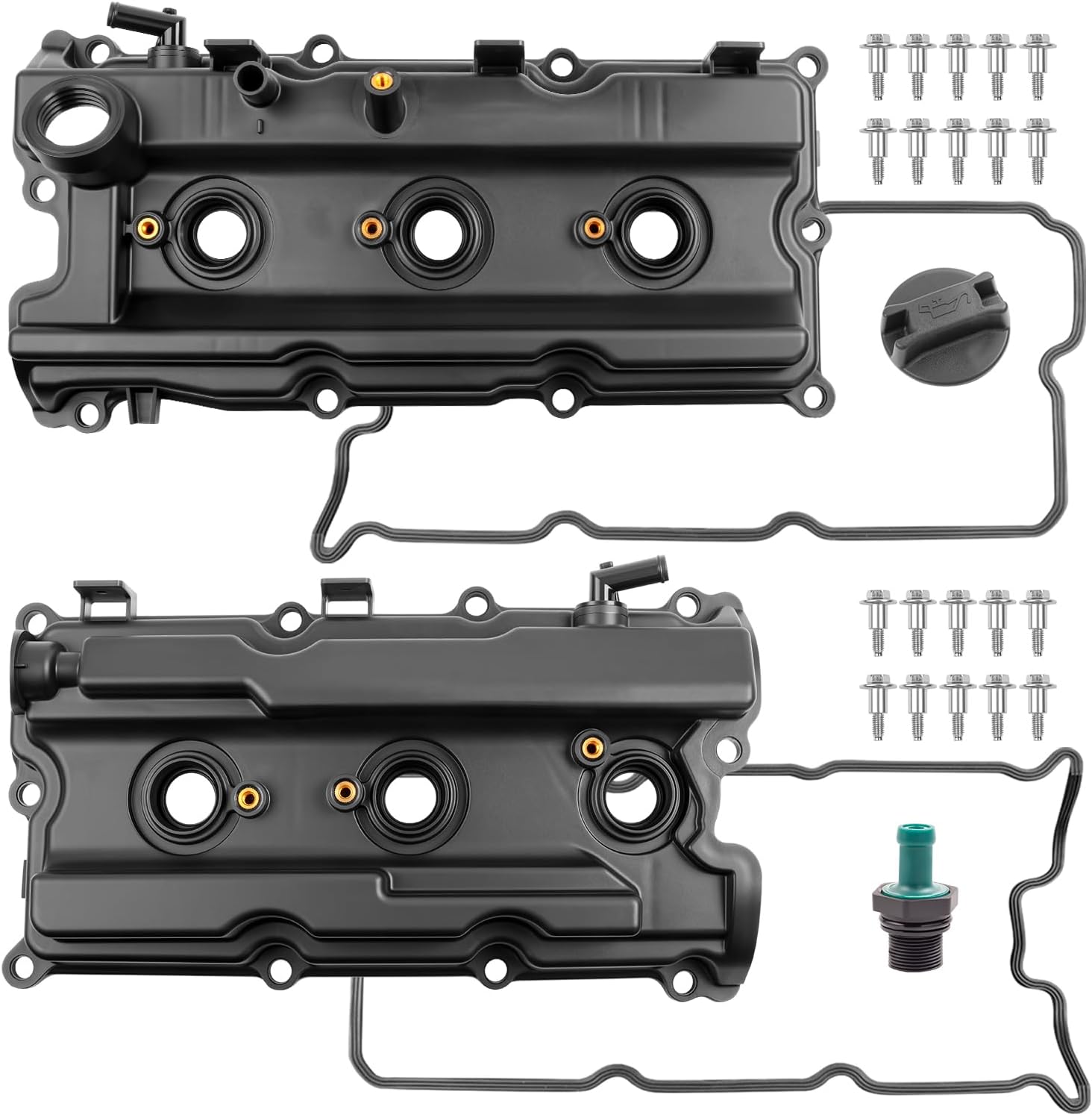 Valve Covers Compatible with 2005-2015 Xterra Pair Left Right Engine, 2005-2019 Frontier, 2005-2012 Pathfinder, with Oil Filler Caps and Gaskets and Bolts Replace 13264-EA200 13264-EA210