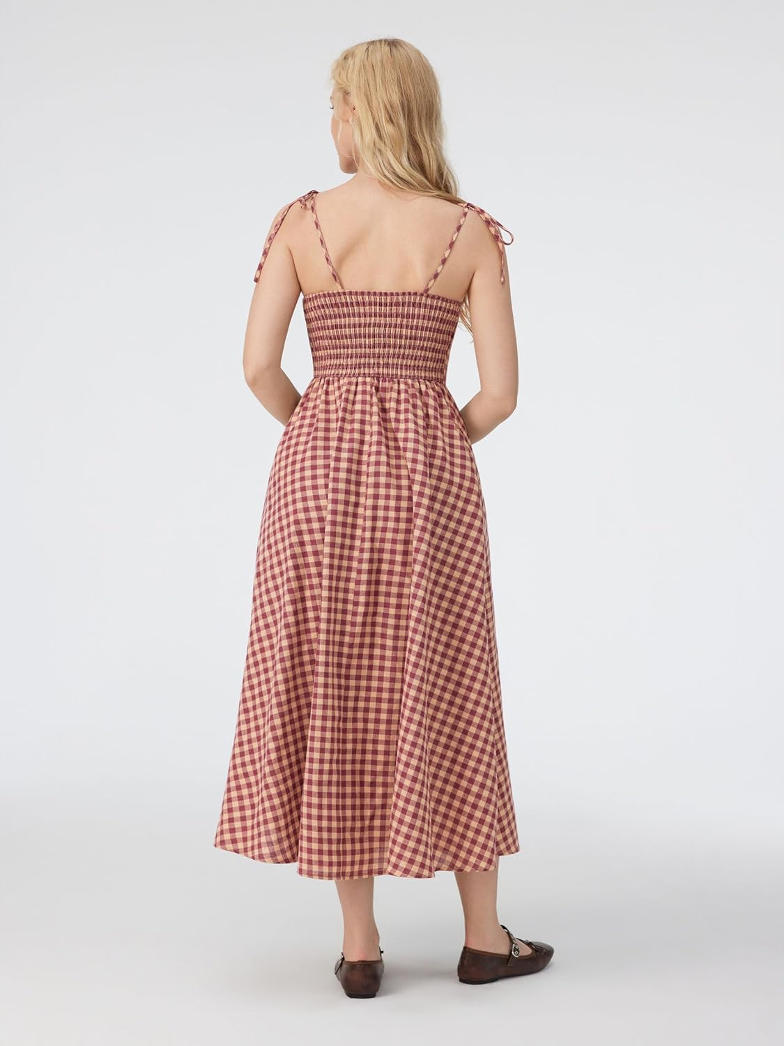 CIDER Women's Gingham Maxi Dresses Bow Tie Square Neck Plaid Milkmaid Dress with Pockets Summer Long Dress Vacation Outfits