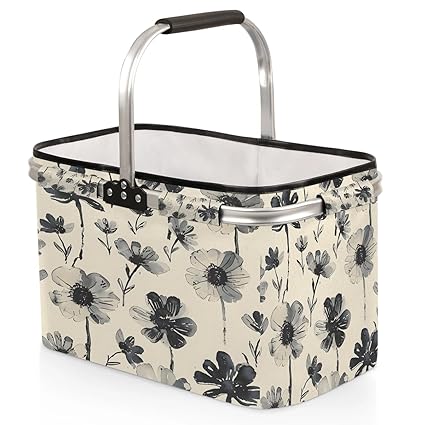 Kizmoglux Vintage Black Flower Floral Collapsible Market Basket, Foldable Picnic Basket - Large Shopping Basket with Handles, Portable Folding Bag for Shopping Camping Picnic