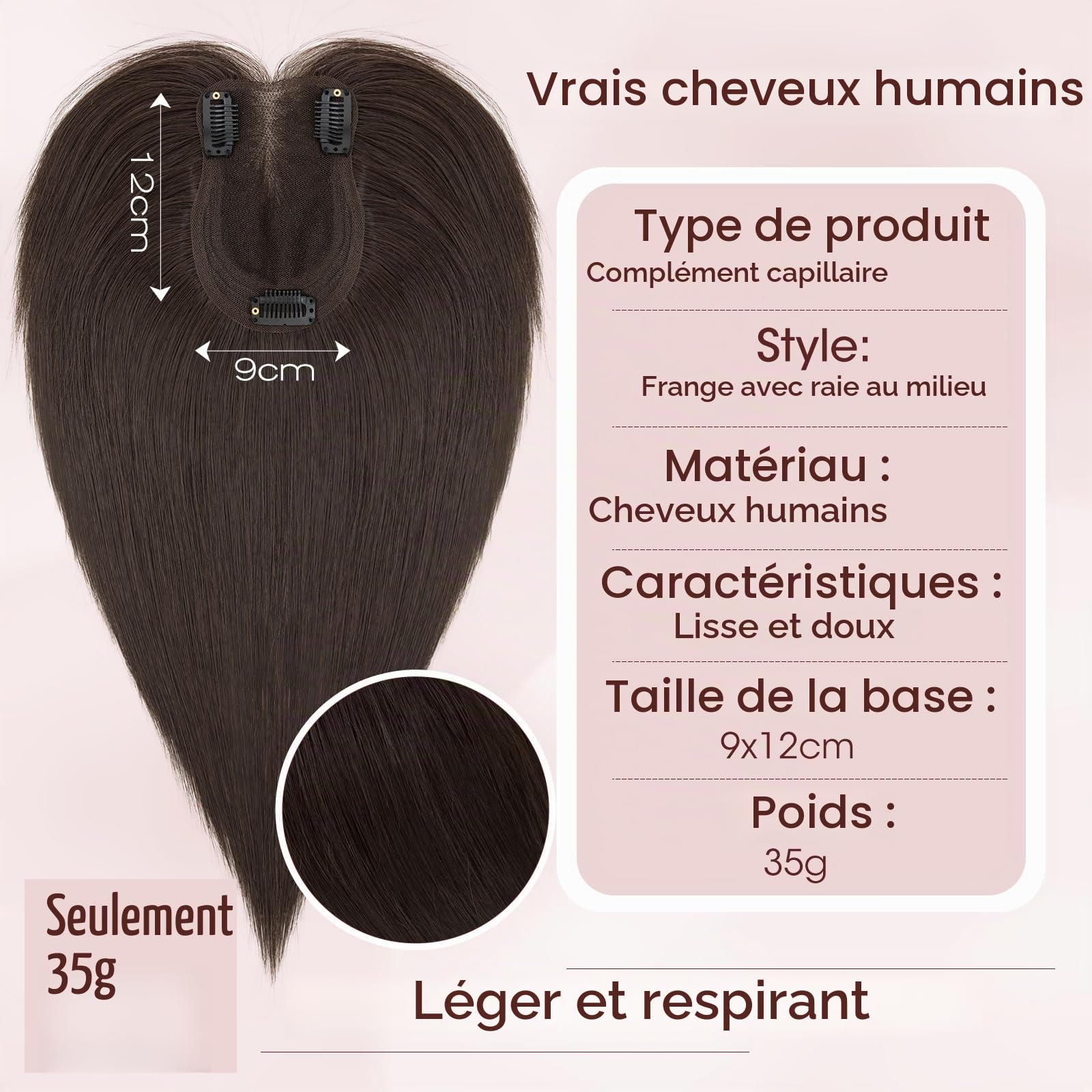 MY-LADY Topper Cheveux Humain Femme Sans Frange Volumateur Capillaire Naturel Léger Forme le Visage Pour Femme Fille(35g, #02 Marron Foncé)